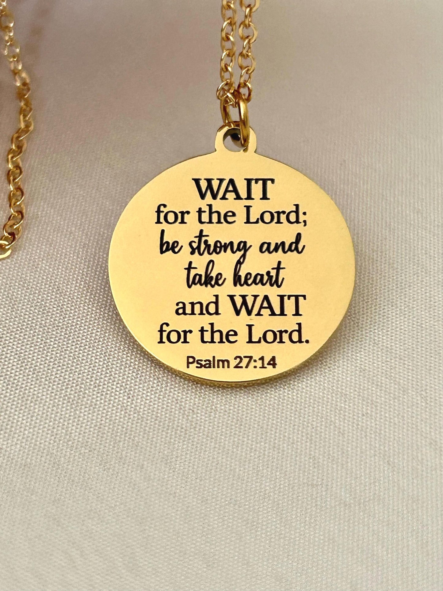 Bible Verse Necklace Psalm 27:14, Wait for The Lord, Christian Gifts, Personalized Necklace, Engraved Scripture Charm