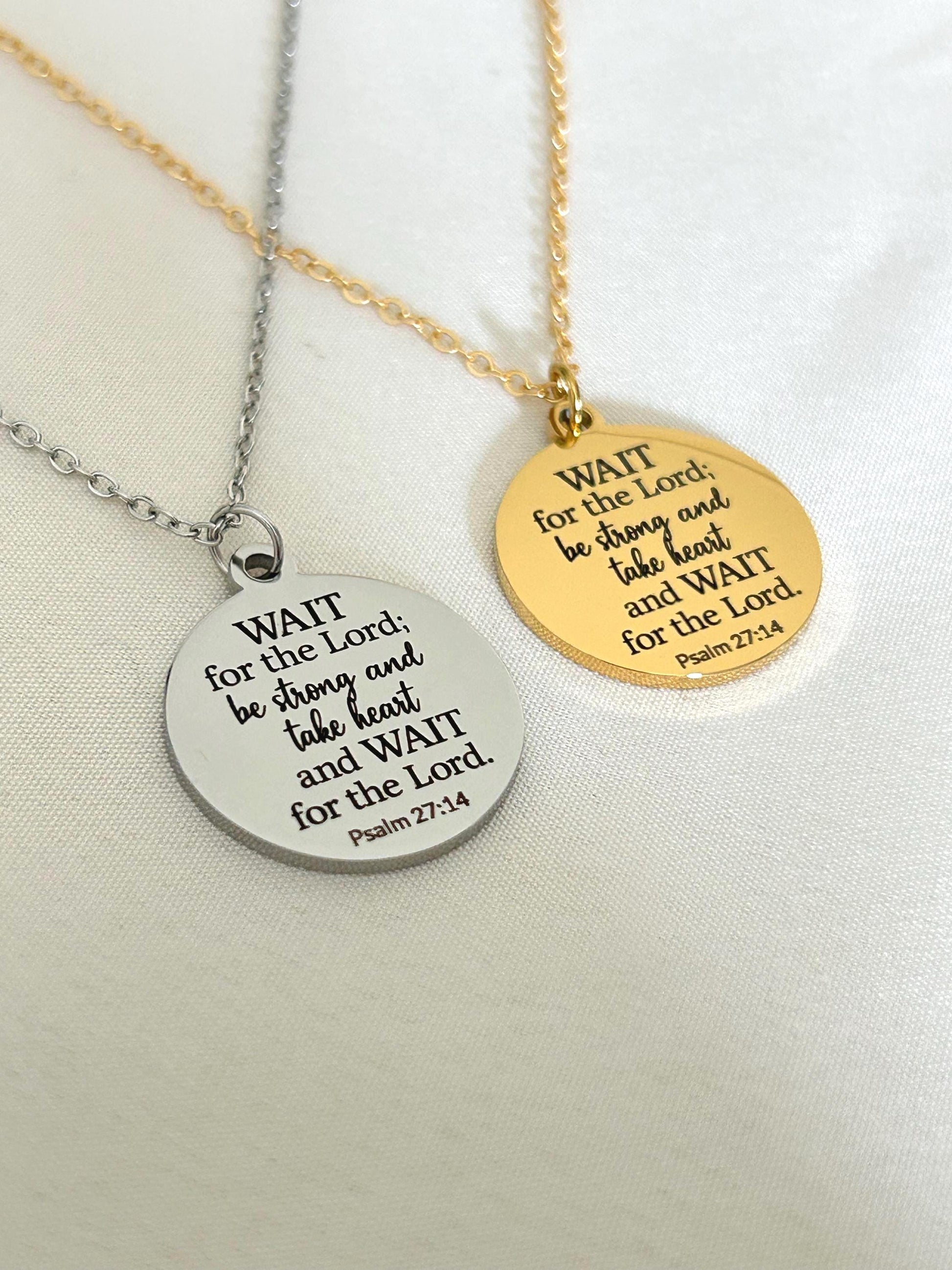 Bible Verse Necklace Psalm 27:14, Wait for The Lord, Christian Gifts, Personalized Necklace, Engraved Scripture Charm