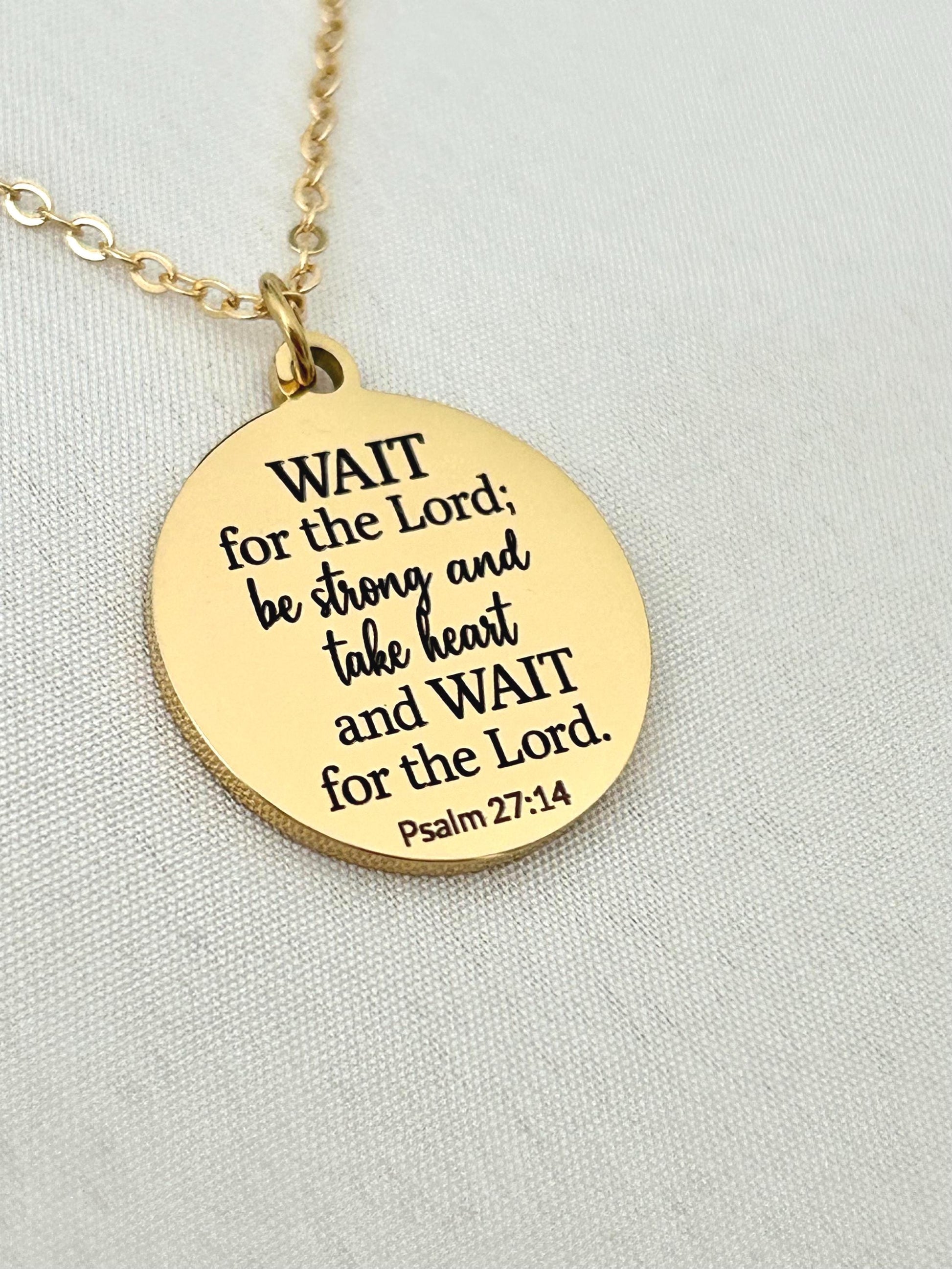 Bible Verse Necklace Psalm 27:14, Wait for The Lord, Christian Gifts, Personalized Necklace, Engraved Scripture Charm