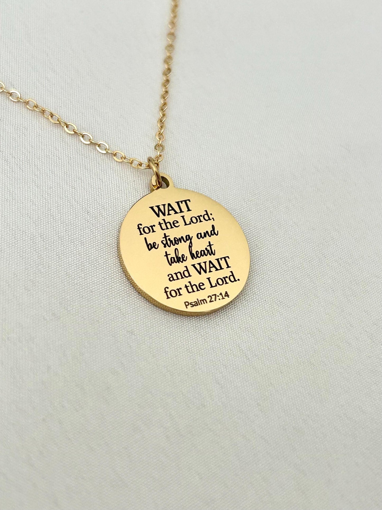 Bible Verse Necklace Psalm 27:14, Wait for The Lord, Christian Gifts, Personalized Necklace, Engraved Scripture Charm