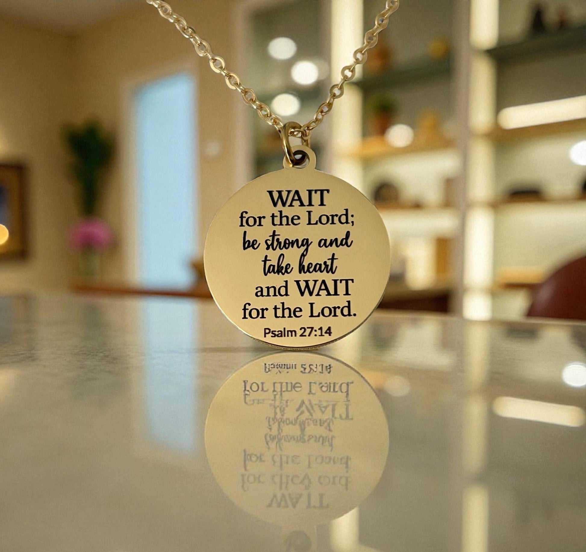 Bible Verse Necklace Psalm 27:14, Wait for The Lord, Christian Gifts, Personalized Necklace, Engraved Scripture Charm
