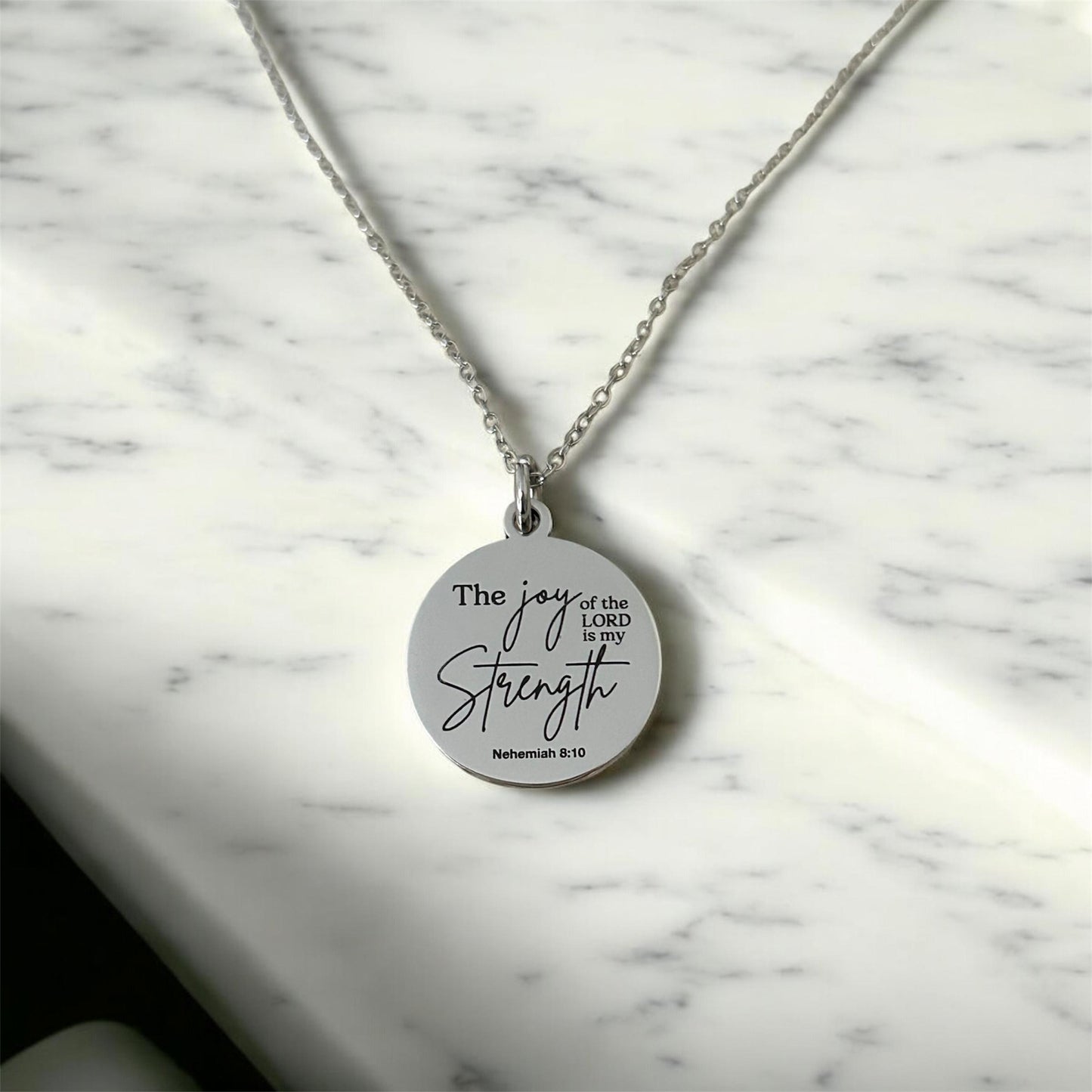 The Joy of The Lord is My Strength Christian Necklace: Engraved Bible Verse Jewelry Christian Gifts Scripture Charms