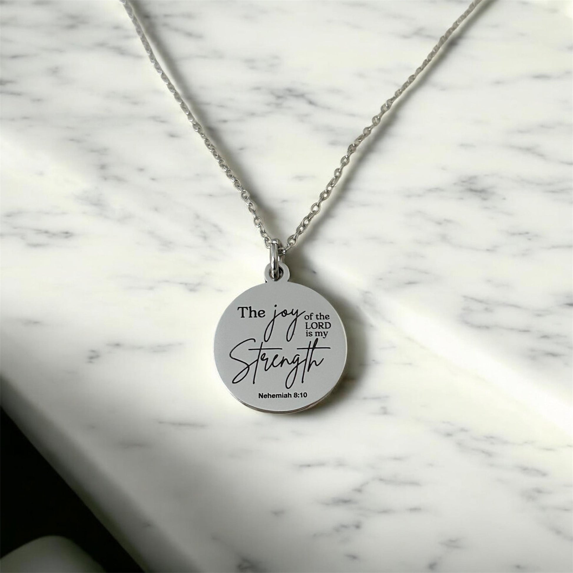 The Joy of The Lord is My Strength Christian Necklace: Engraved Bible Verse Jewelry Christian Gifts Scripture Charms