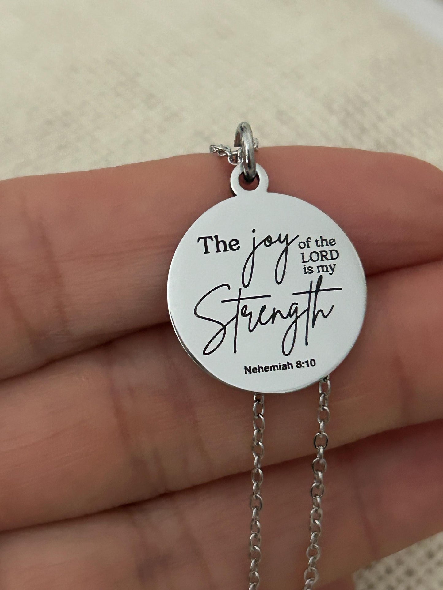 The Joy of The Lord is My Strength Christian Necklace: Engraved Bible Verse Jewelry Christian Gifts Scripture Charms