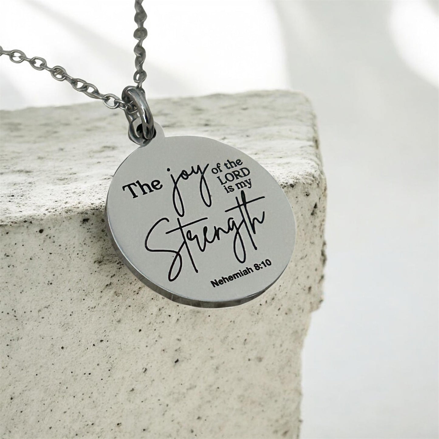 The Joy of The Lord is My Strength Christian Necklace: Engraved Bible Verse Jewelry Christian Gifts Scripture Charms