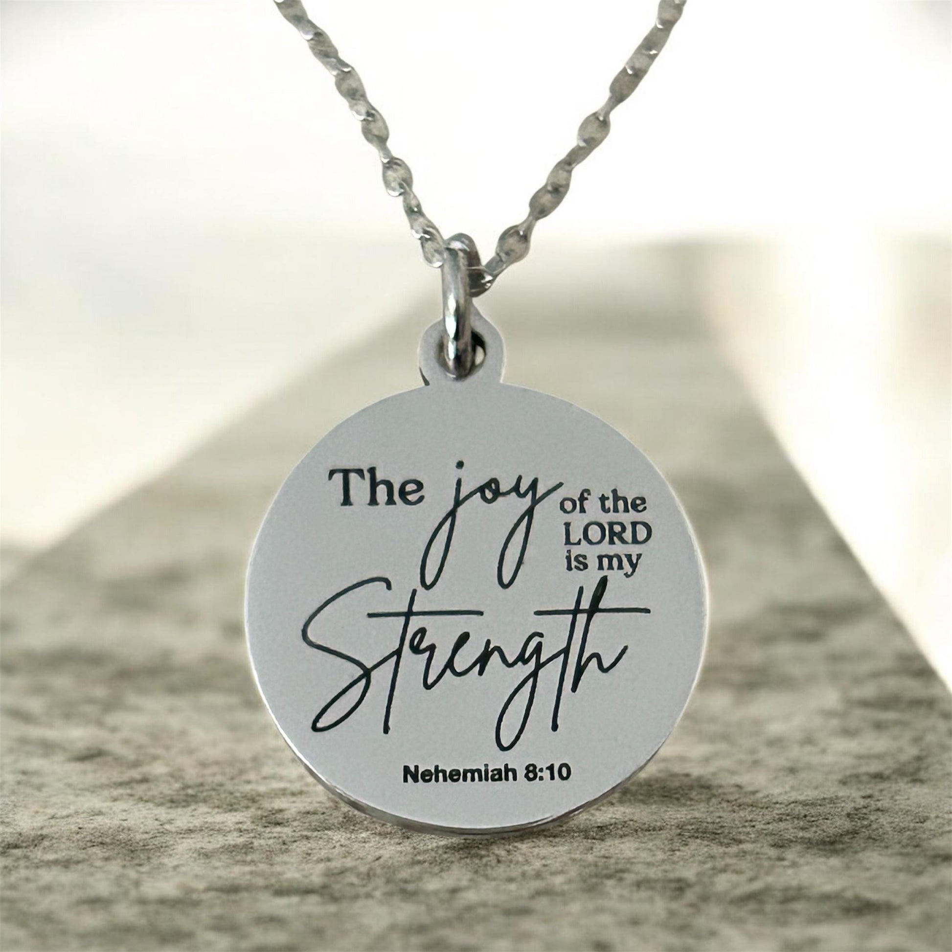 The Joy of The Lord is My Strength Christian Necklace: Engraved Bible Verse Jewelry Christian Gifts Scripture Charms