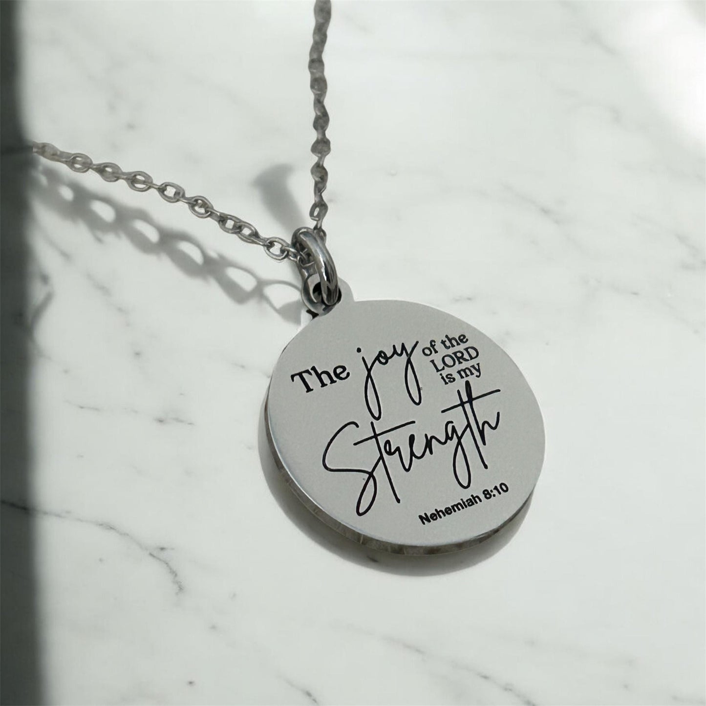 The Joy of The Lord is My Strength Christian Necklace: Engraved Bible Verse Jewelry Christian Gifts Scripture Charms