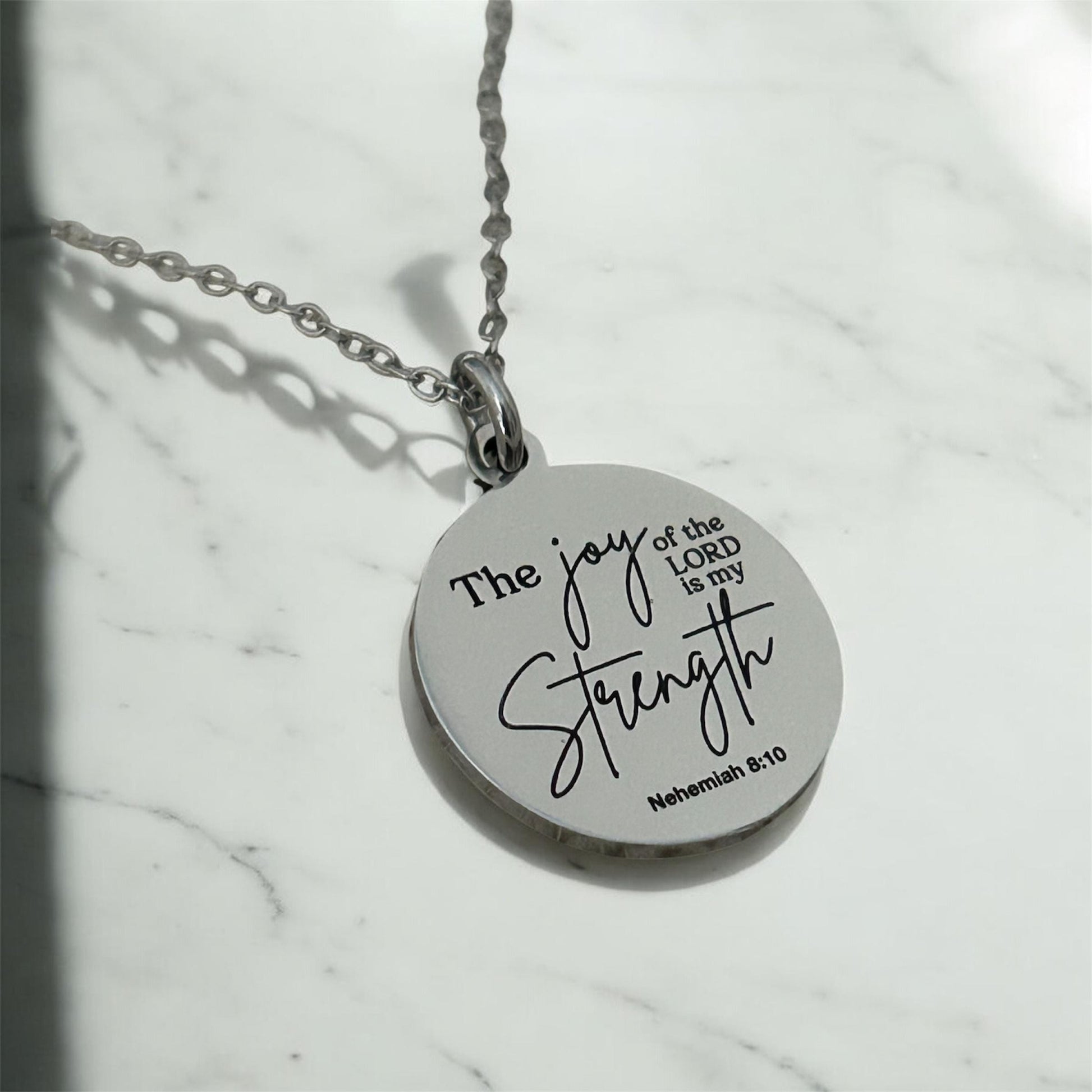 The Joy of The Lord is My Strength Christian Necklace: Engraved Bible Verse Jewelry Christian Gifts Scripture Charms