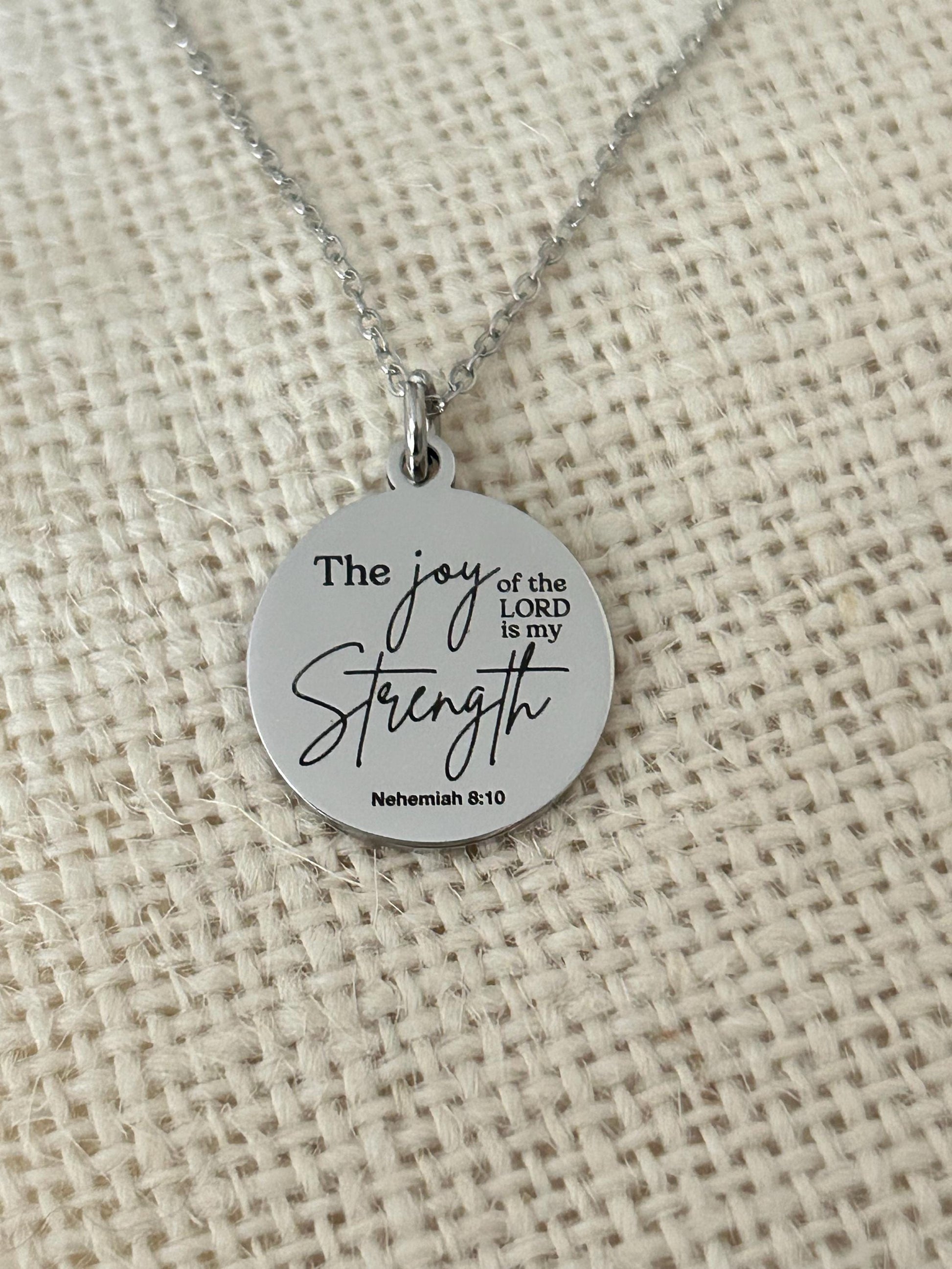 The Joy of The Lord is My Strength Christian Necklace: Engraved Bible Verse Jewelry Christian Gifts Scripture Charms