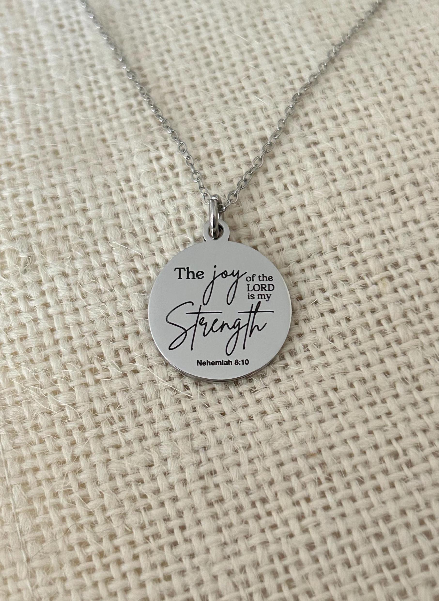 The Joy of The Lord is My Strength Christian Necklace: Engraved Bible Verse Jewelry Christian Gifts Scripture Charms