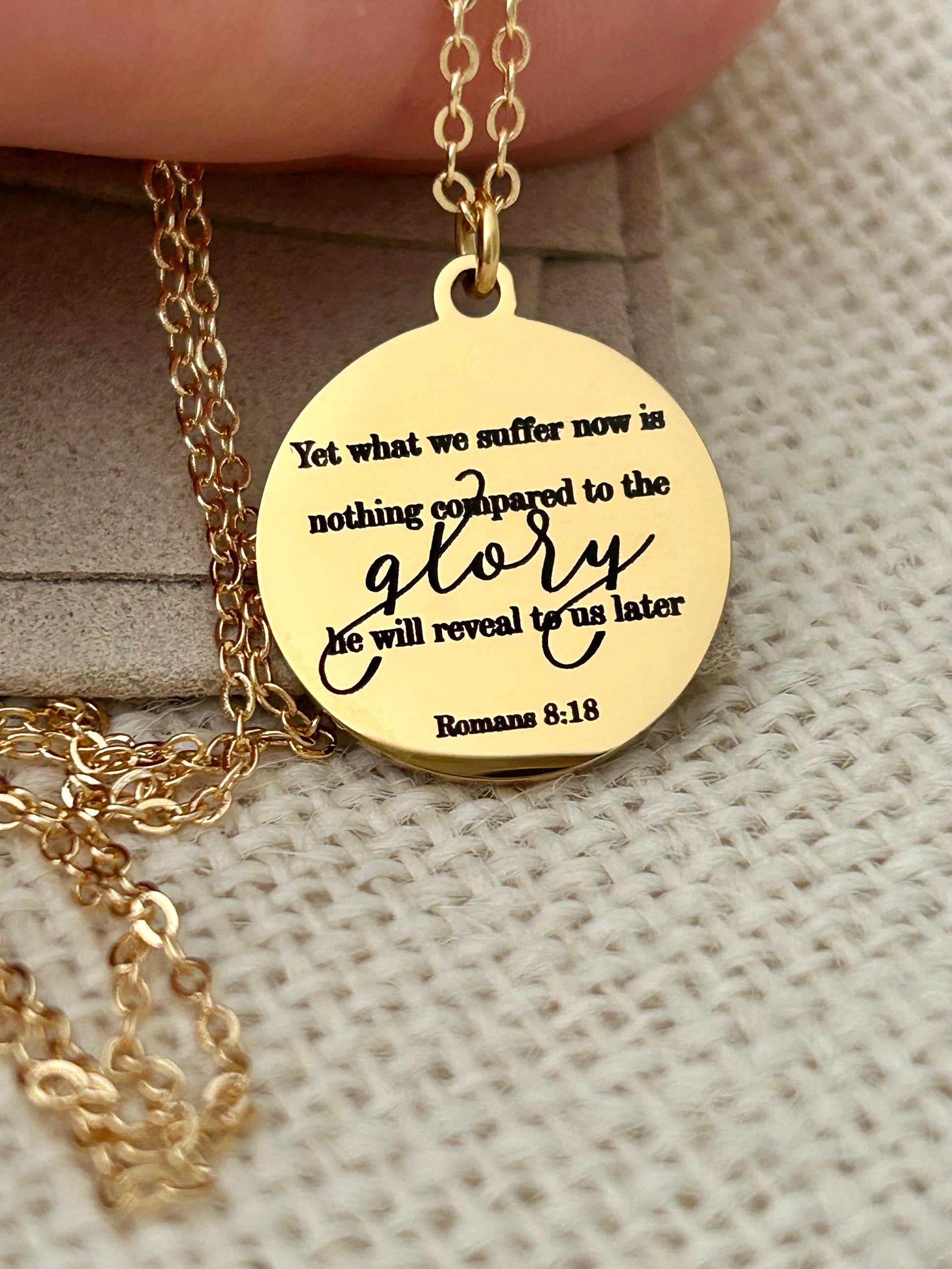 Present Sufferings Bible Verse Necklace, Romans 8:18 Personalized Christian Gifts, 14K Gold Charm Necklace