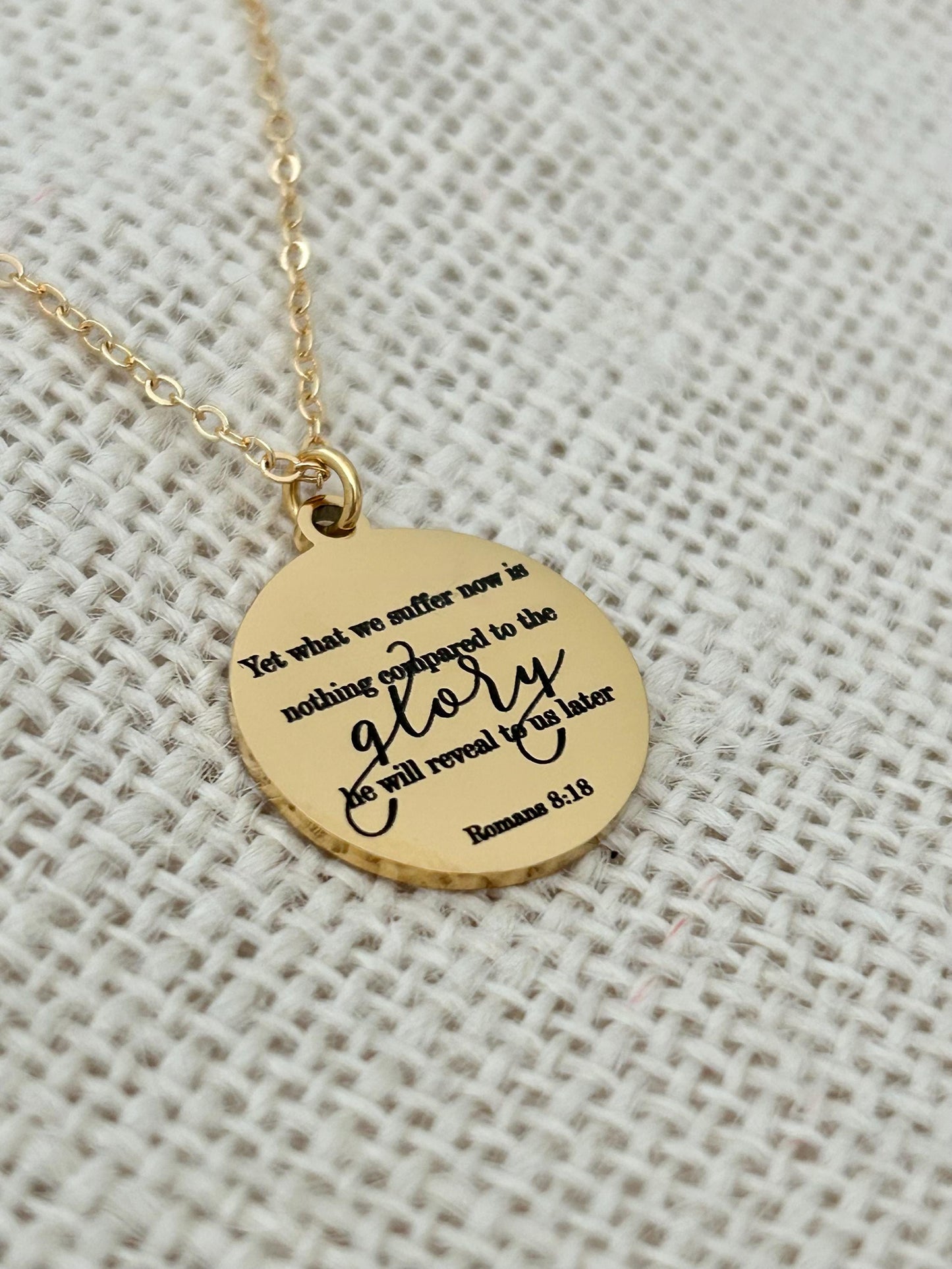 Present Sufferings Bible Verse Necklace, Romans 8:18 Personalized Christian Gifts, 14K Gold Charm Necklace