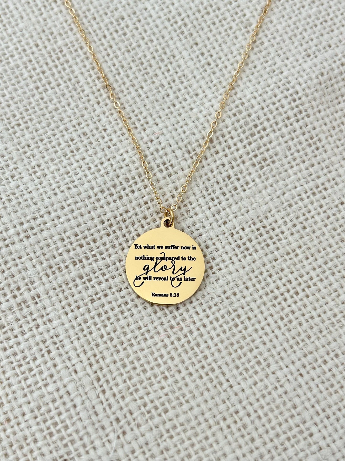 Present Sufferings Bible Verse Necklace, Romans 8:18 Personalized Christian Gifts, 14K Gold Charm Necklace