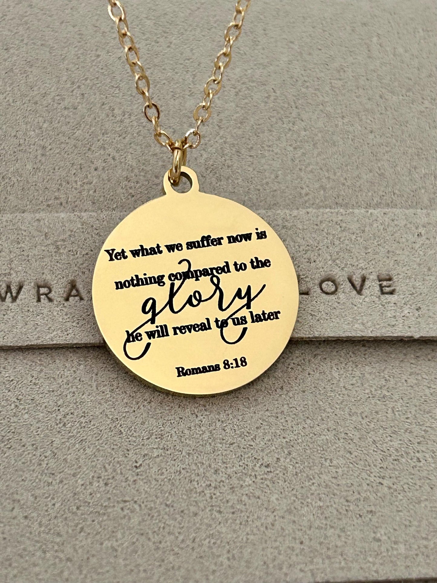Present Sufferings Bible Verse Necklace, Romans 8:18 Personalized Christian Gifts, 14K Gold Charm Necklace