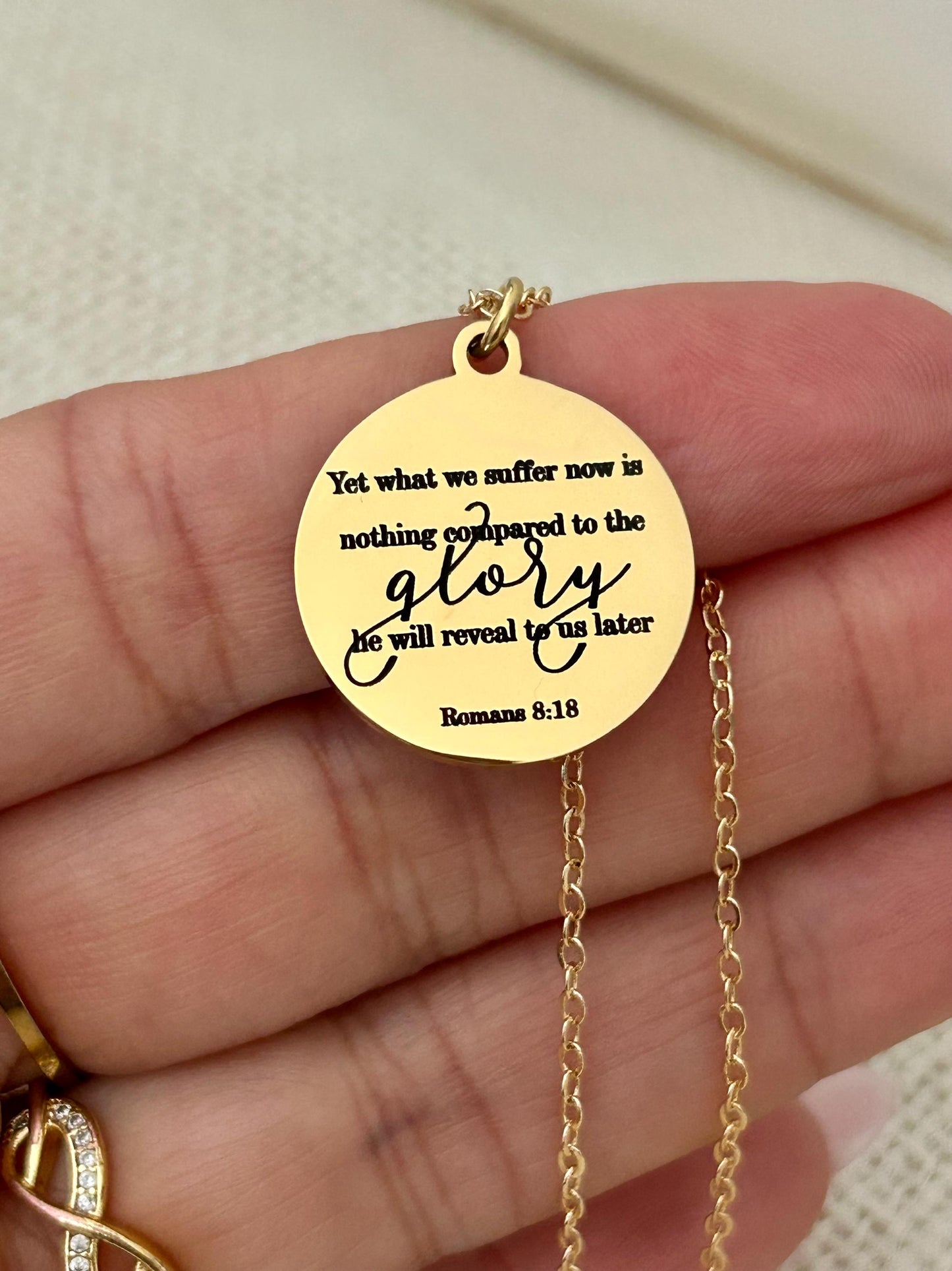 Present Sufferings Bible Verse Necklace, Romans 8:18 Personalized Christian Gifts, 14K Gold Charm Necklace