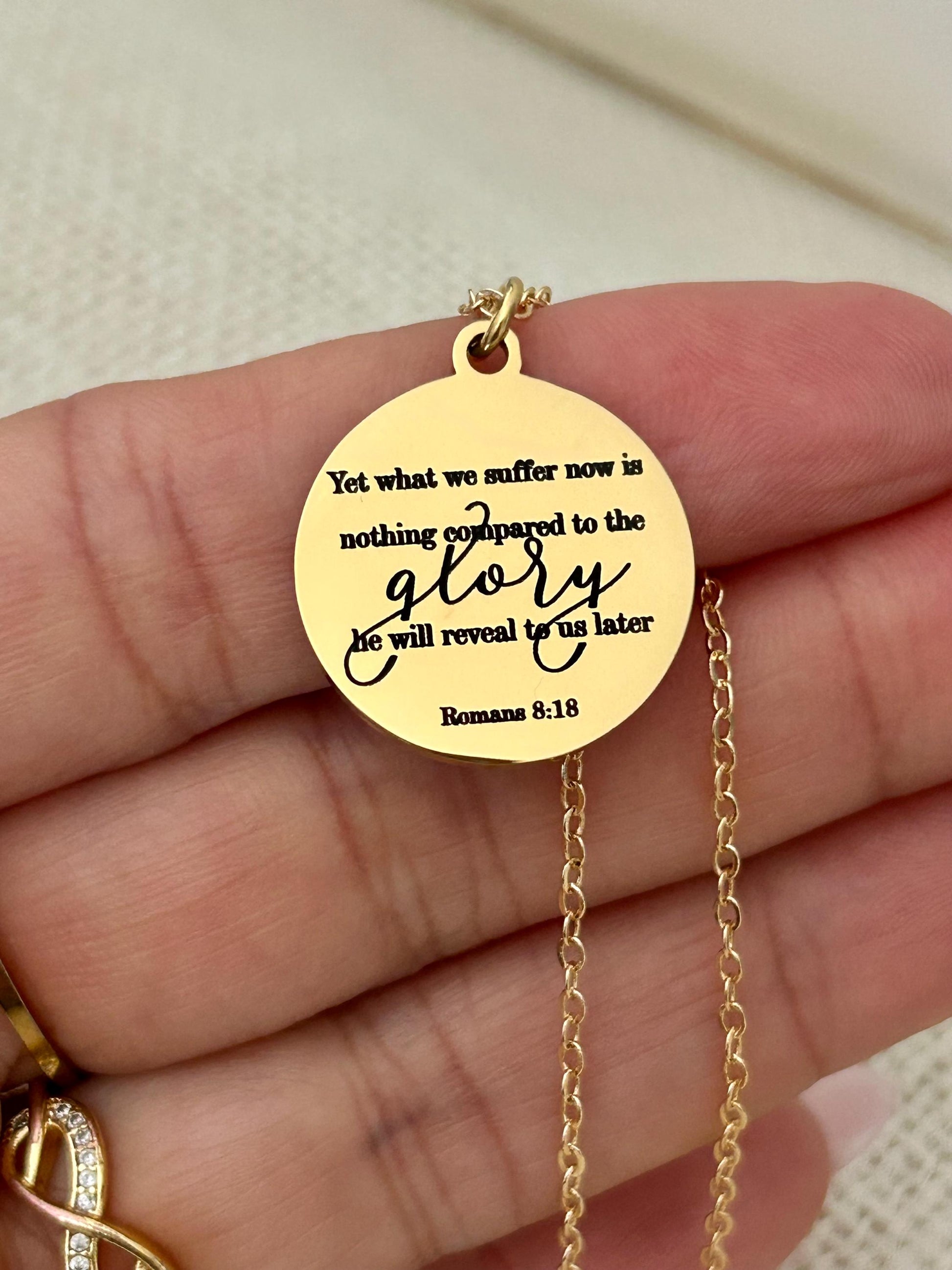Present Sufferings Bible Verse Necklace, Romans 8:18 Personalized Christian Gifts, 14K Gold Charm Necklace
