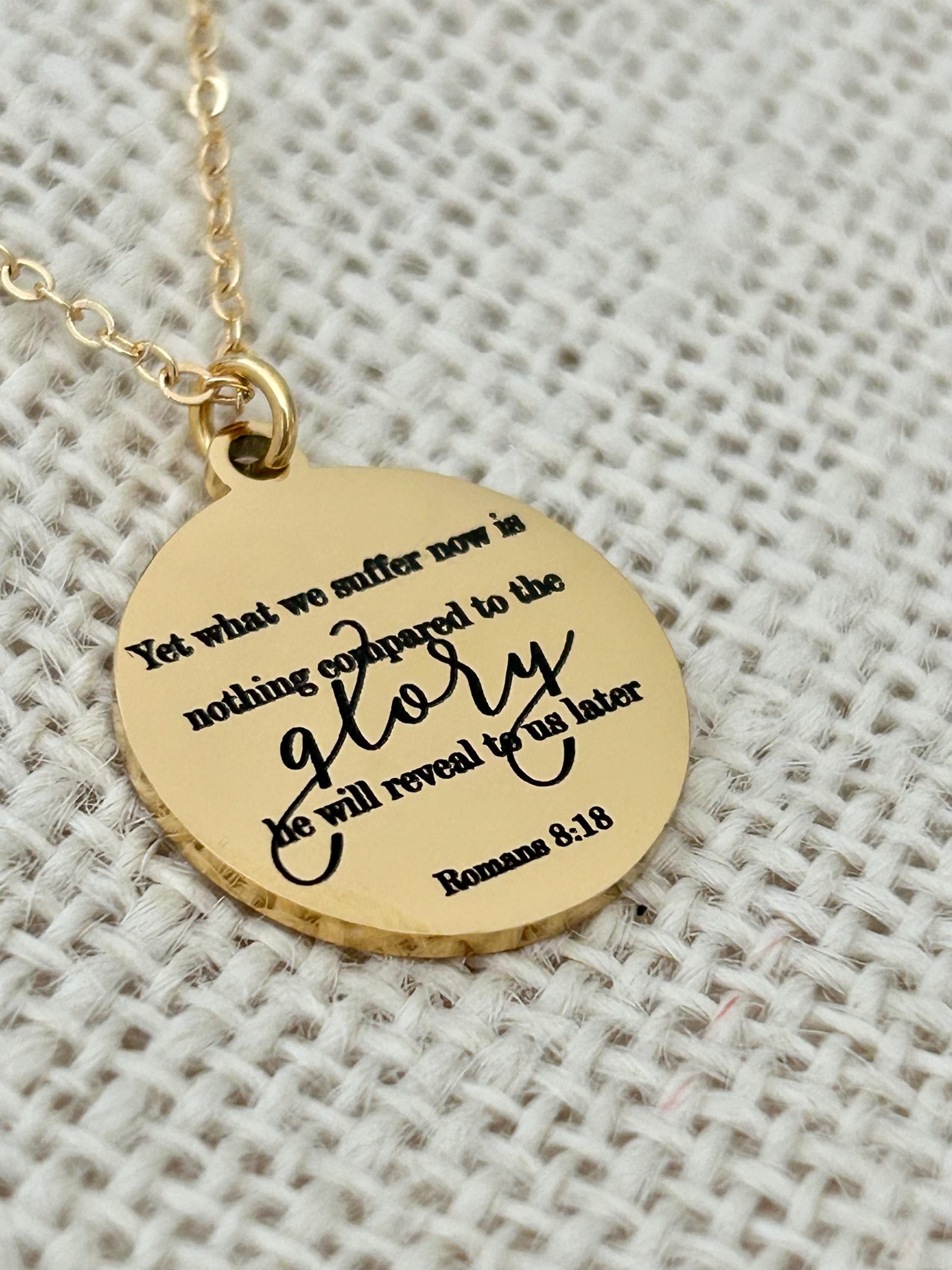 Present Sufferings Bible Verse Necklace, Romans 8:18 Personalized Christian Gifts, 14K Gold Charm Necklace