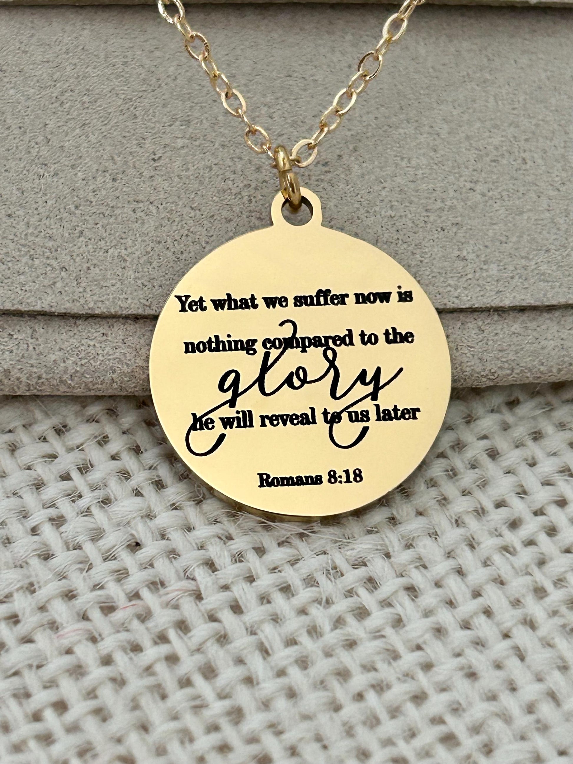 Present Sufferings Bible Verse Necklace, Romans 8:18 Personalized Christian Gifts, 14K Gold Charm Necklace