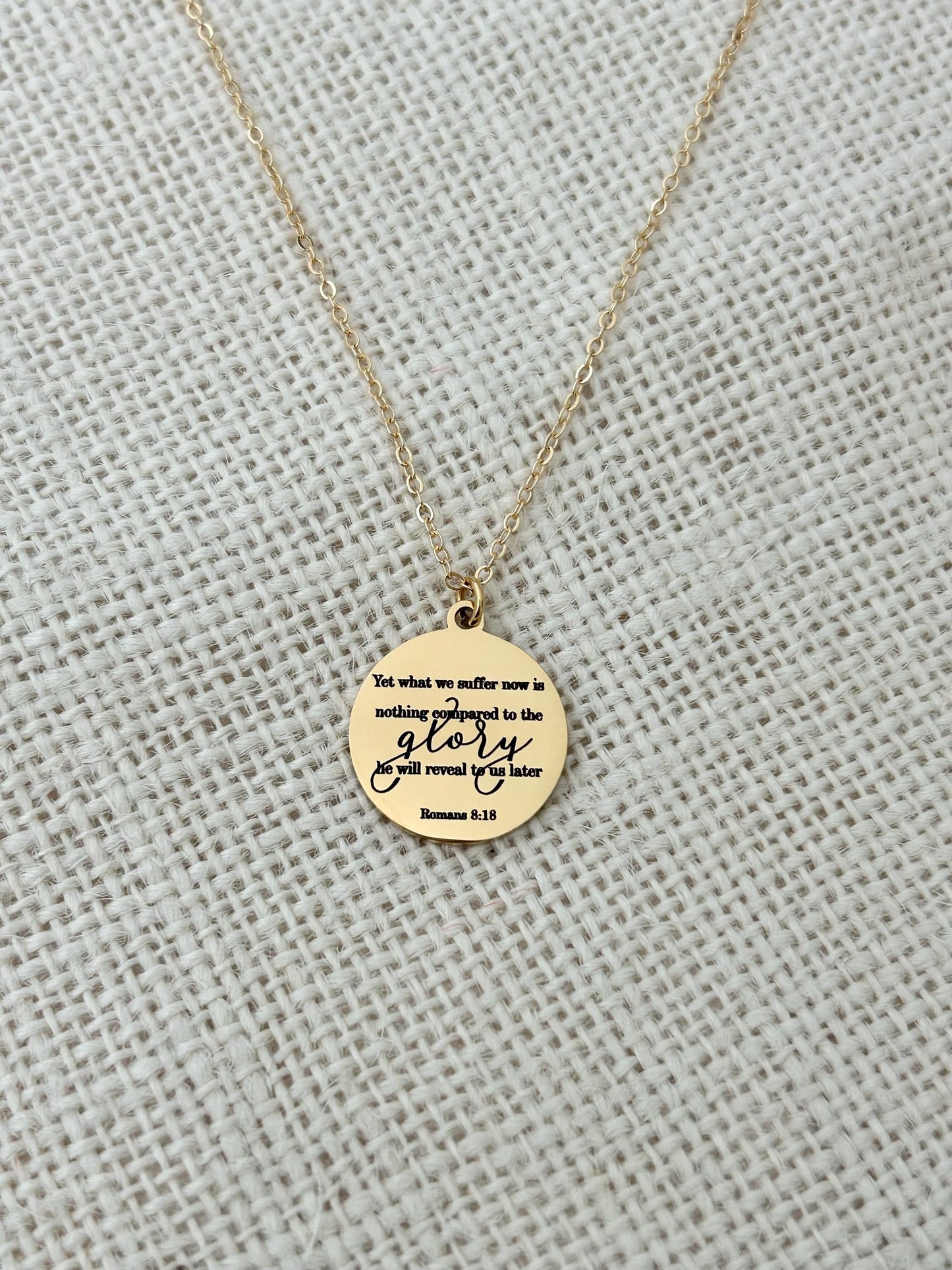 Present Sufferings Bible Verse Necklace, Romans 8:18 Personalized Christian Gifts, 14K Gold Charm Necklace