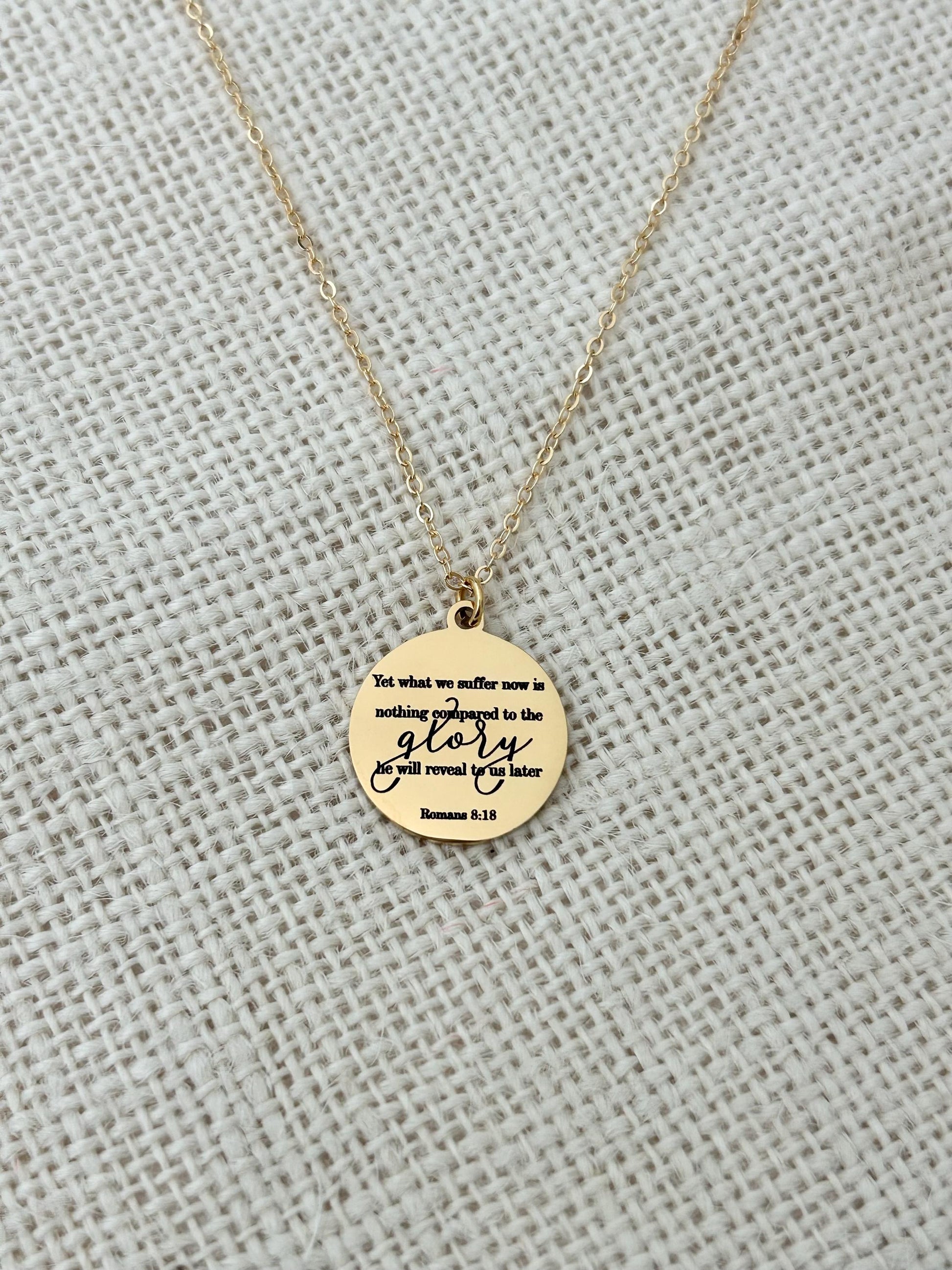 Present Sufferings Bible Verse Necklace, Romans 8:18 Personalized Christian Gifts, 14K Gold Charm Necklace