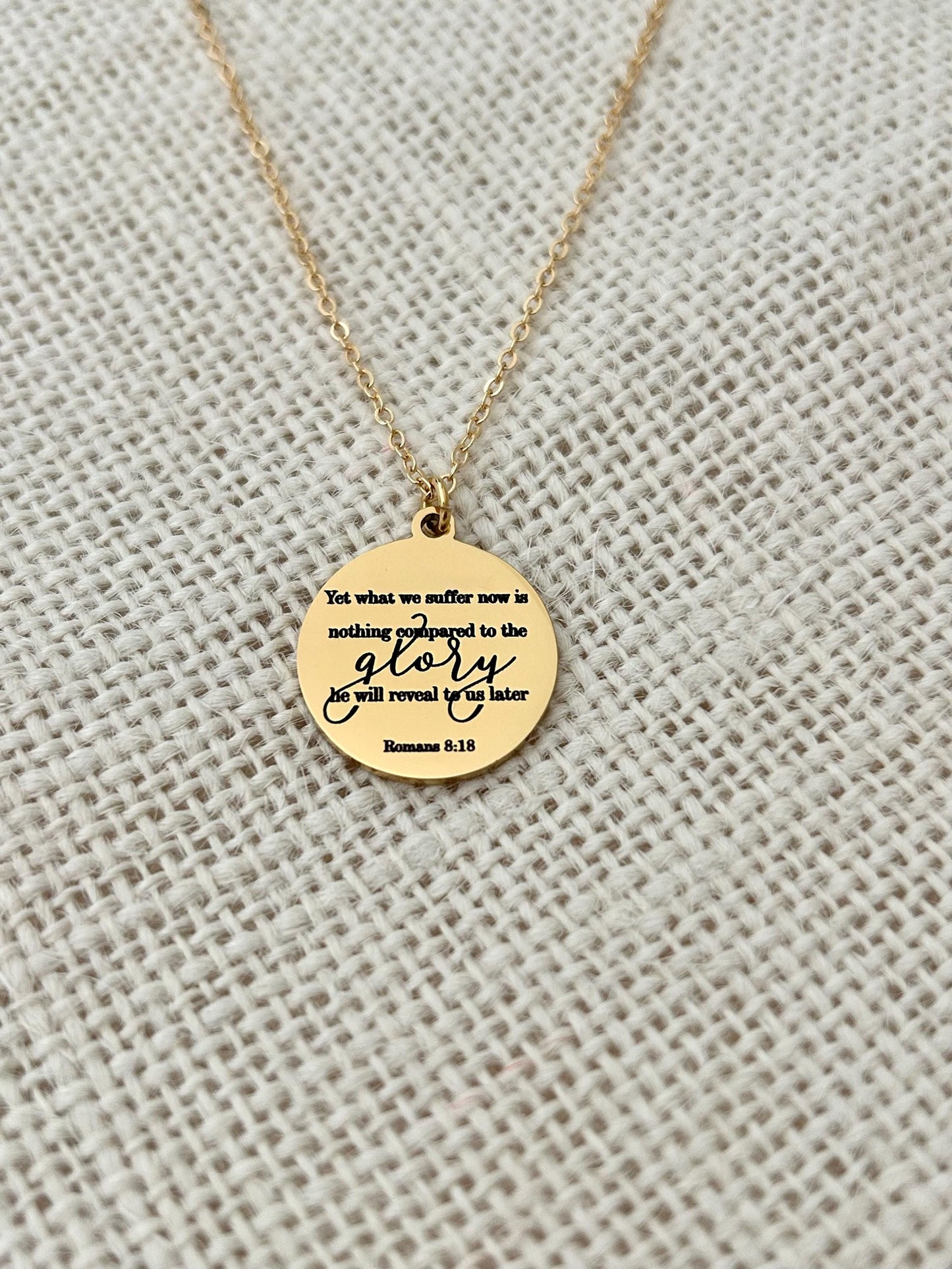 Present Sufferings Bible Verse Necklace, Romans 8:18 Personalized Christian Gifts, 14K Gold Charm Necklace