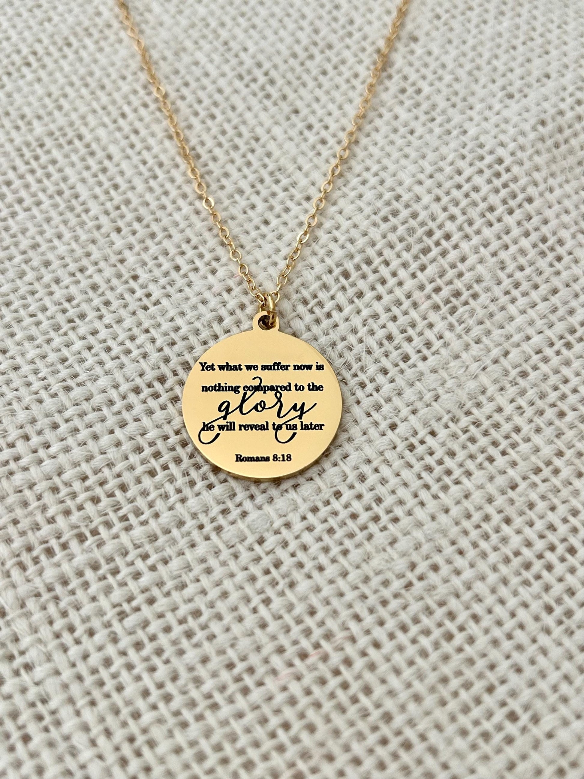 Present Sufferings Bible Verse Necklace, Romans 8:18 Personalized Christian Gifts, 14K Gold Charm Necklace