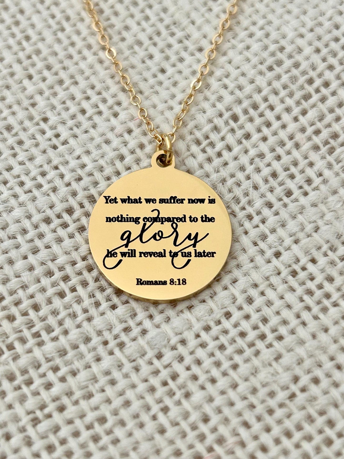 Present Sufferings Bible Verse Necklace, Romans 8:18 Personalized Christian Gifts, 14K Gold Charm Necklace