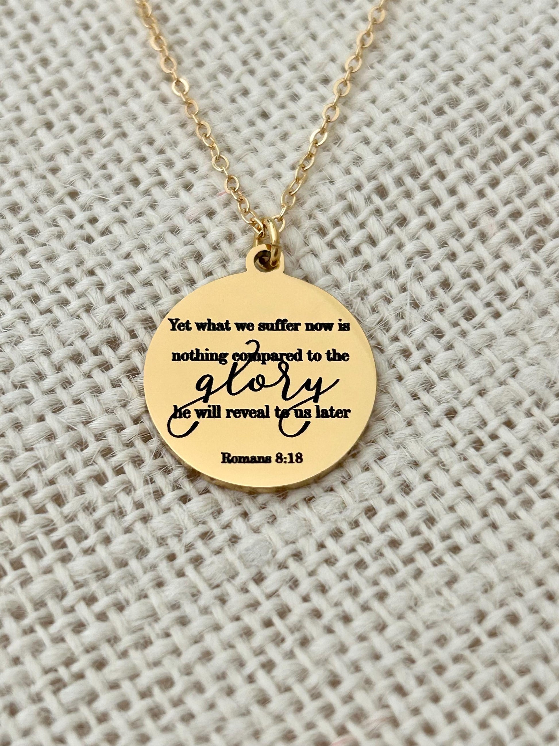 Present Sufferings Bible Verse Necklace, Romans 8:18 Personalized Christian Gifts, 14K Gold Charm Necklace