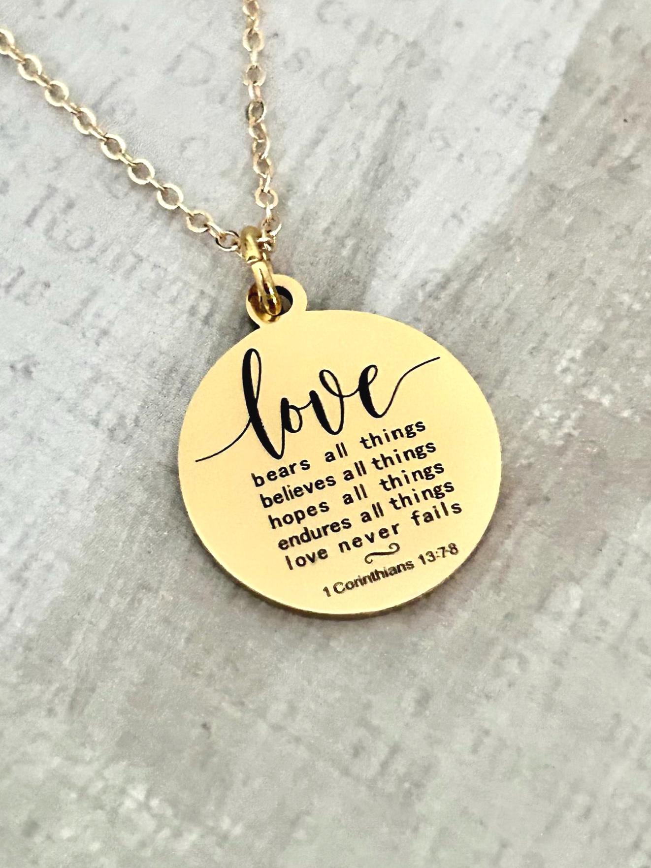Wedding Gift Necklace, 1 Corinthians 13:7-8 Love Never Fails, Bridal Gift for Bride, Bridesmaid Gift, Christian Wedding Jewelry, Faith Gift