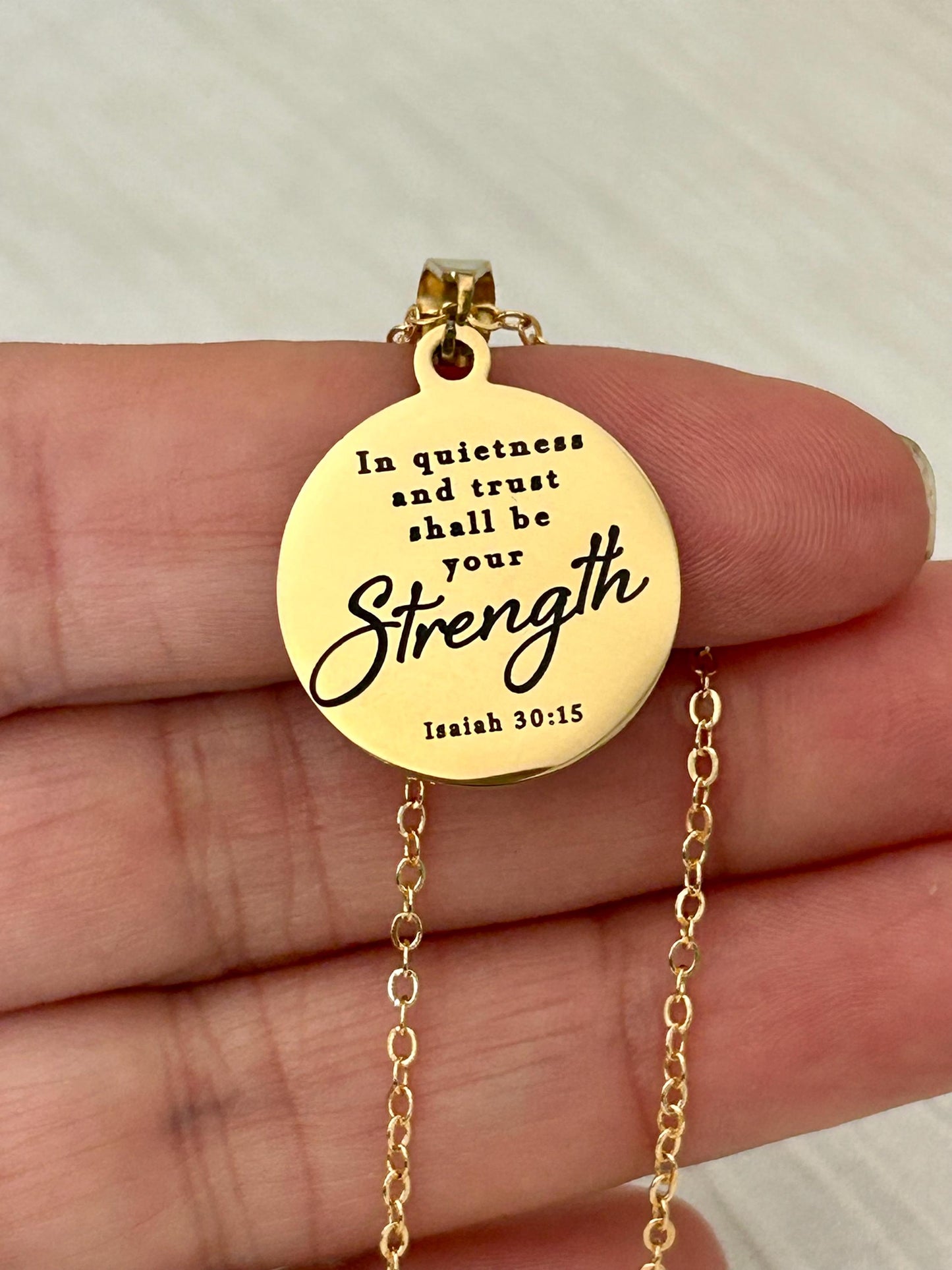 In Quietness and Trust Shall Be Your Strength Necklace | Isaiah 30:15 Bible Verse Jewelry | Christian Gift for Women | Faith Pendant