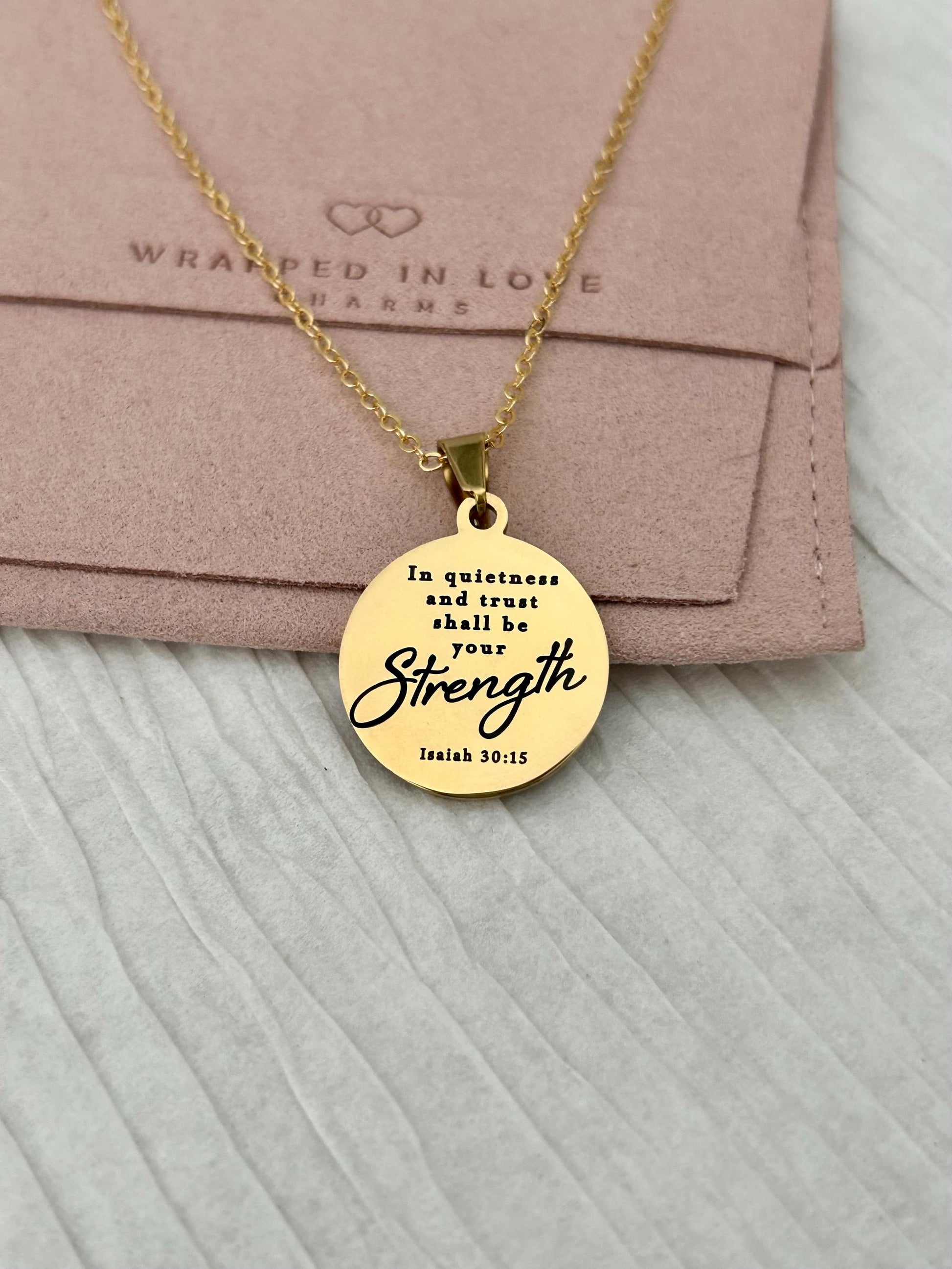 In Quietness and Trust Shall Be Your Strength Necklace | Isaiah 30:15 Bible Verse Jewelry | Christian Gift for Women | Faith Pendant