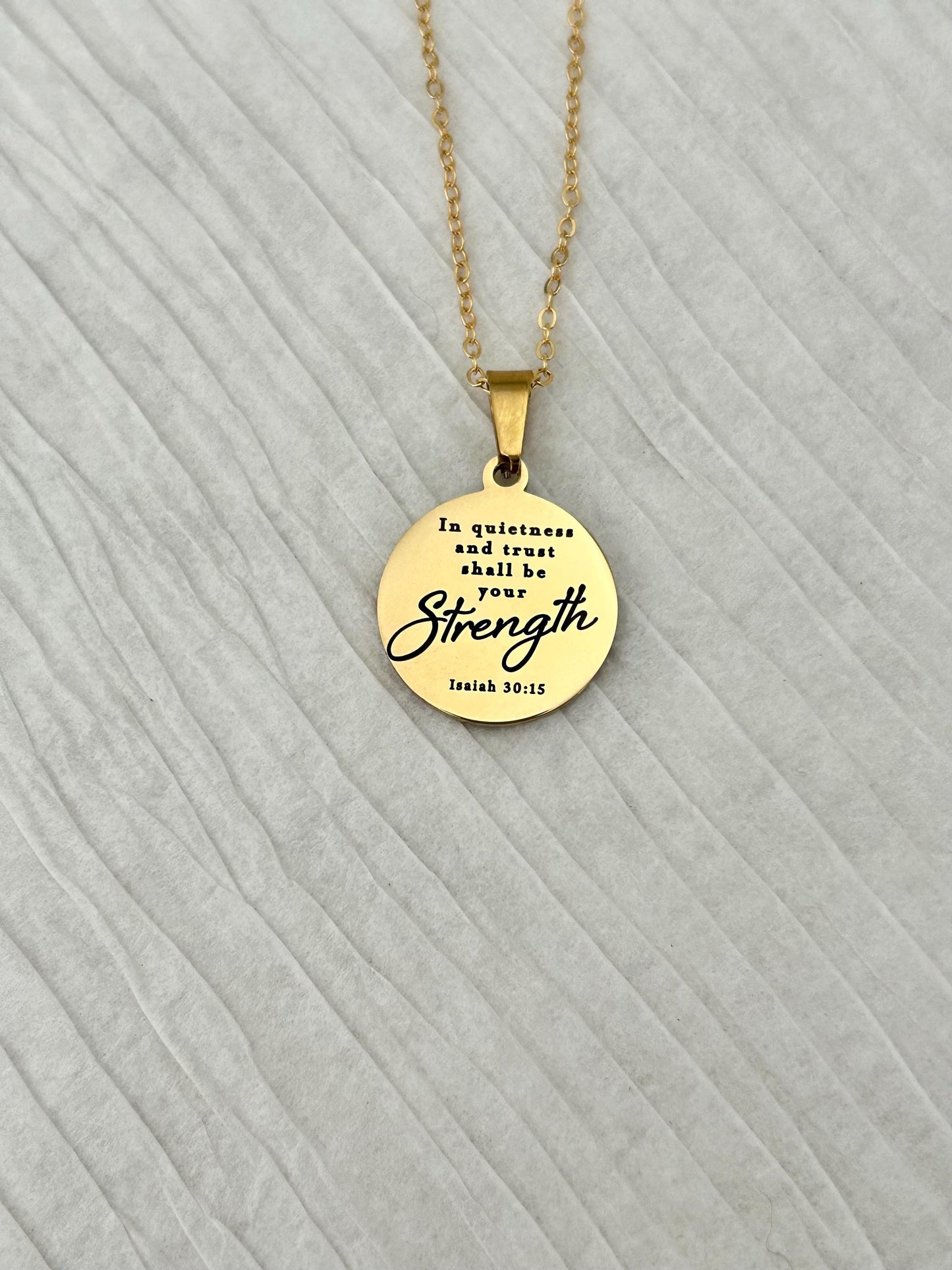 In Quietness and Trust Shall Be Your Strength Necklace | Isaiah 30:15 Bible Verse Jewelry | Christian Gift for Women | Faith Pendant
