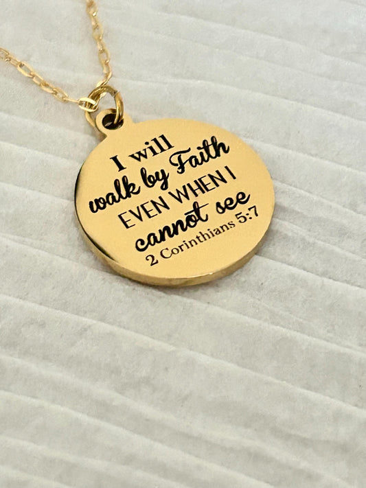 I will walk by Faith Bible Verse Necklace 2 Corinthians 5:7 Christian Scripture Jewelry
