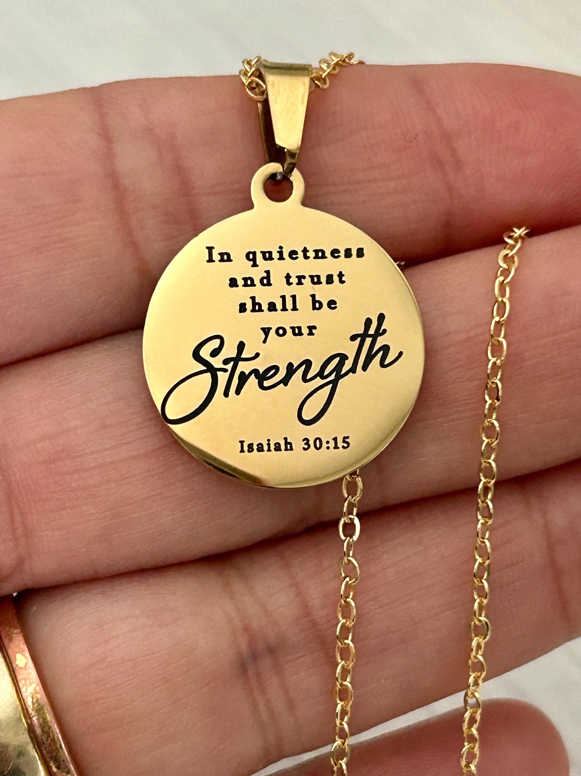 In Quietness and Trust Shall Be Your Strength Necklace | Isaiah 30:15 Bible Verse Jewelry | Christian Gift for Women | Faith Pendant