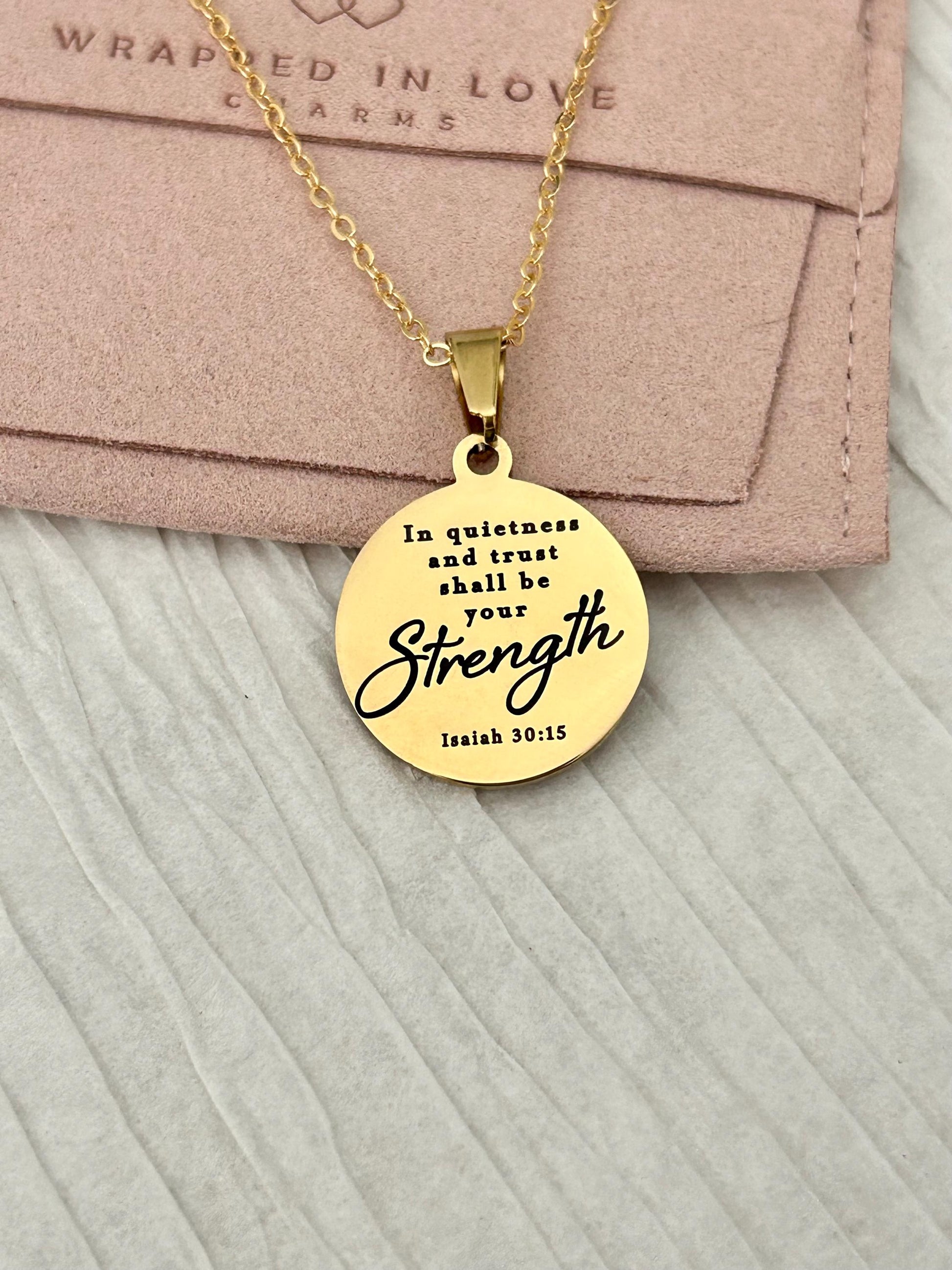 In Quietness and Trust Shall Be Your Strength Necklace | Isaiah 30:15 Bible Verse Jewelry | Christian Gift for Women | Faith Pendant