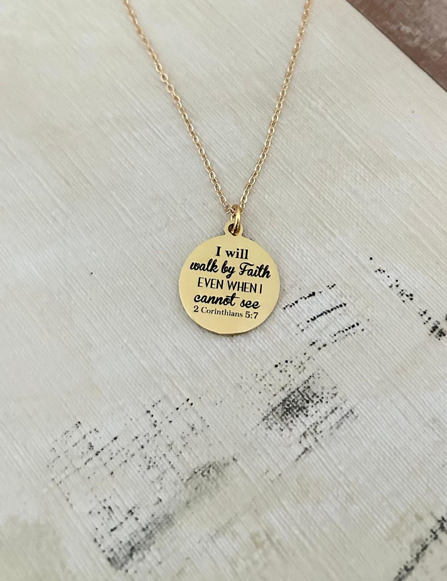I will walk by Faith Bible Verse Necklace 2 Corinthians 5:7 Christian Scripture Jewelry