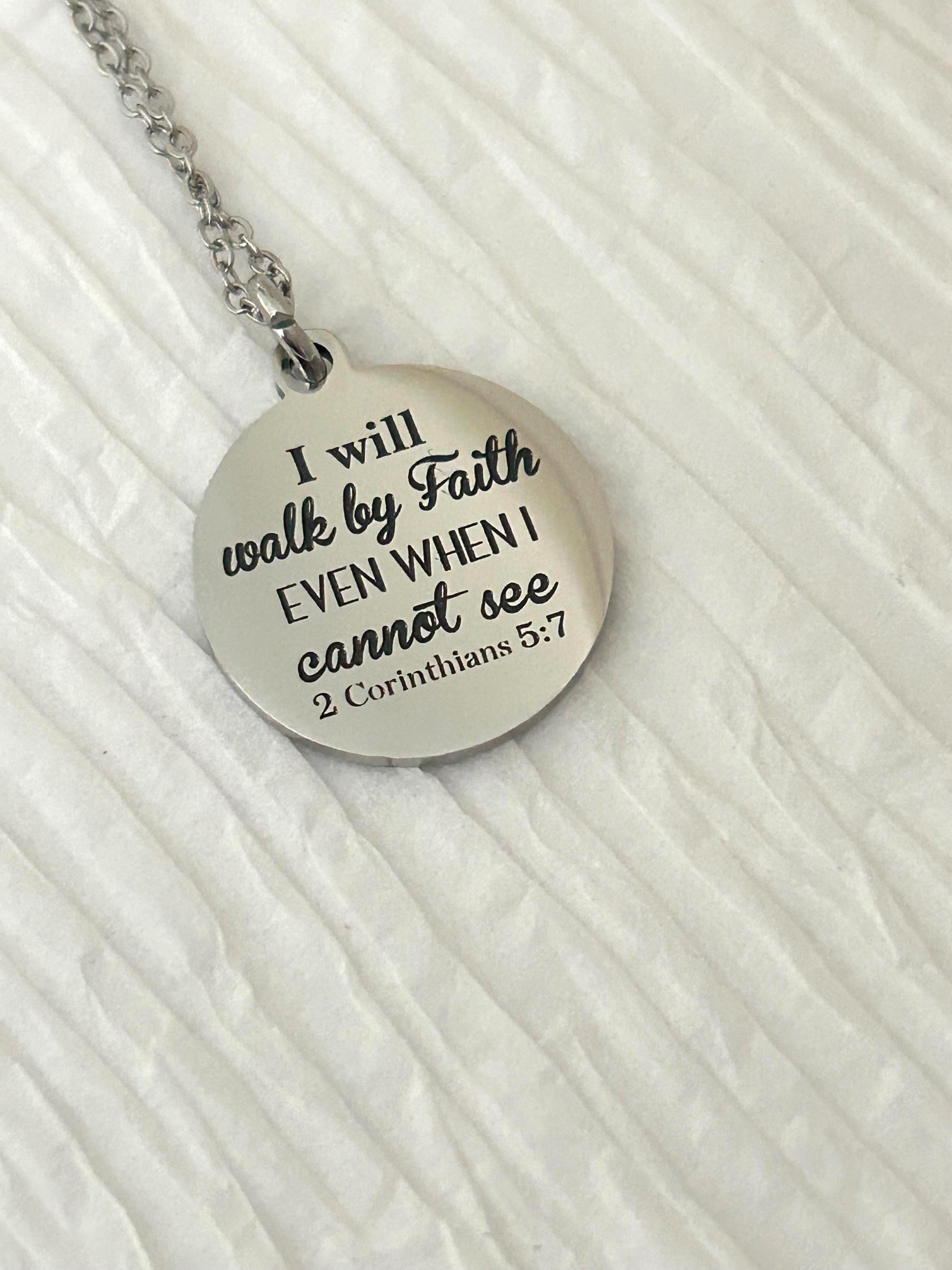Walk by faith Bible Verse Necklace, 2 Corinthians 5:7, Christian Gifts, Faith Jewelry, Personalized Necklace, Engraved Scripture Necklace