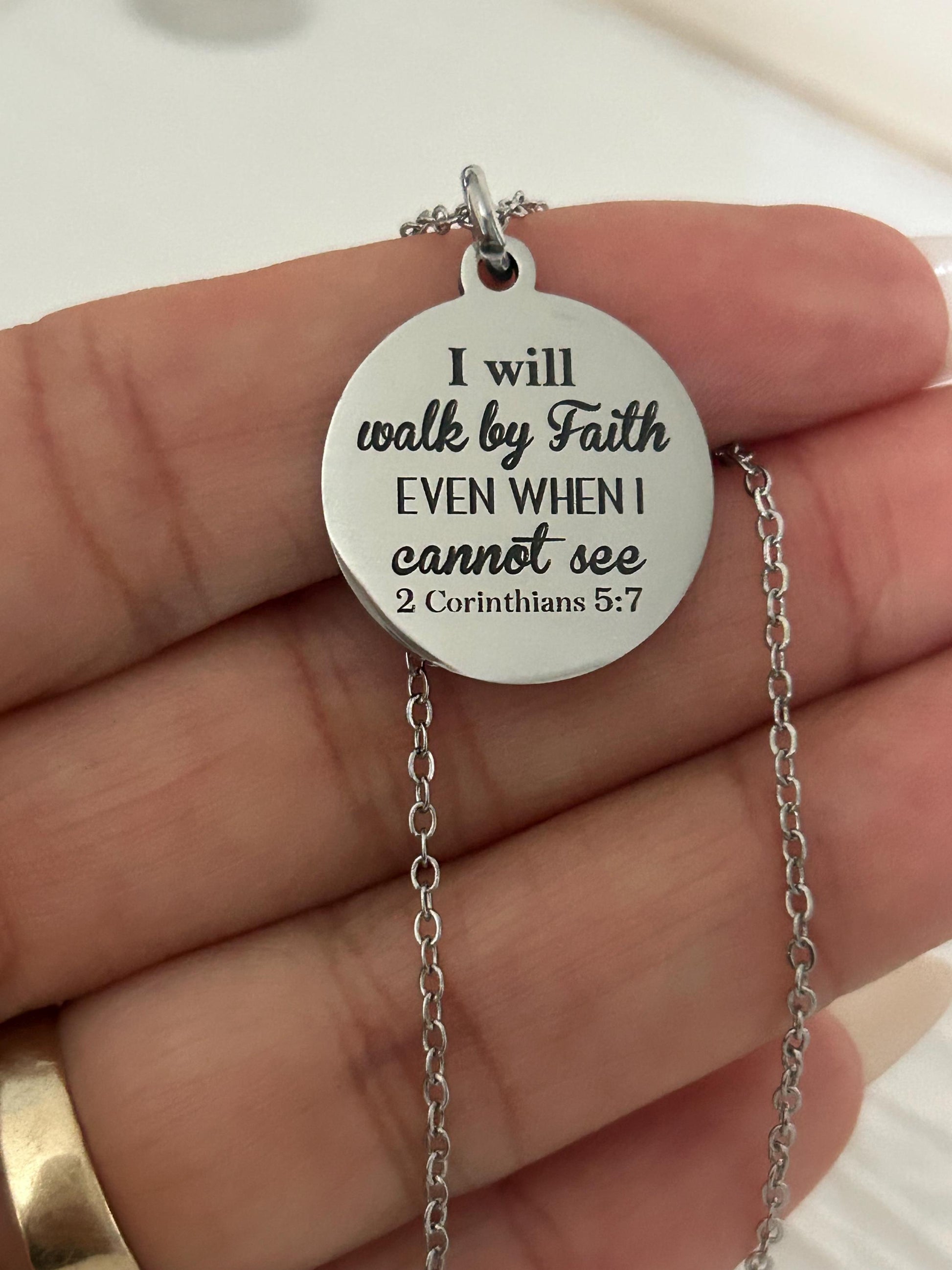 Walk by faith Bible Verse Necklace, 2 Corinthians 5:7, Christian Gifts, Faith Jewelry, Personalized Necklace, Engraved Scripture Necklace