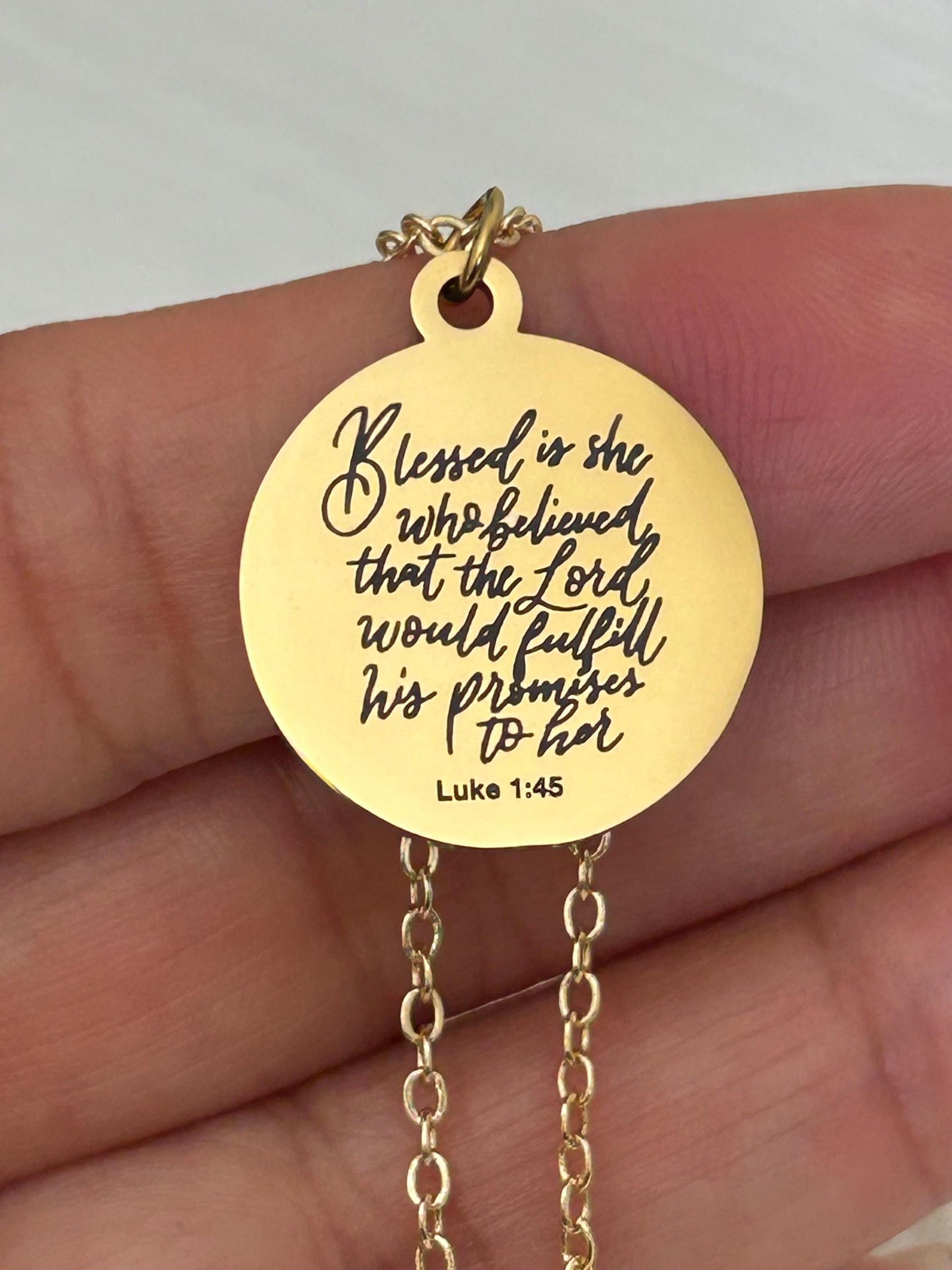 Luke 1:45 Necklace Blessed Is She Who Believed Bible Verse Necklace Christian Jewelry Mothers Day Necklace Faith Gift For Women