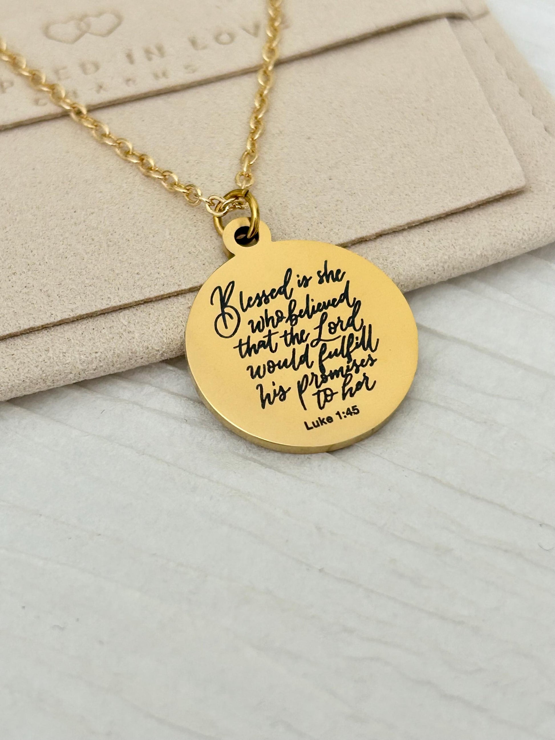 Luke 1:45 Necklace Blessed Is She Who Believed Bible Verse Necklace Christian Jewelry Mothers Day Necklace Faith Gift For Women