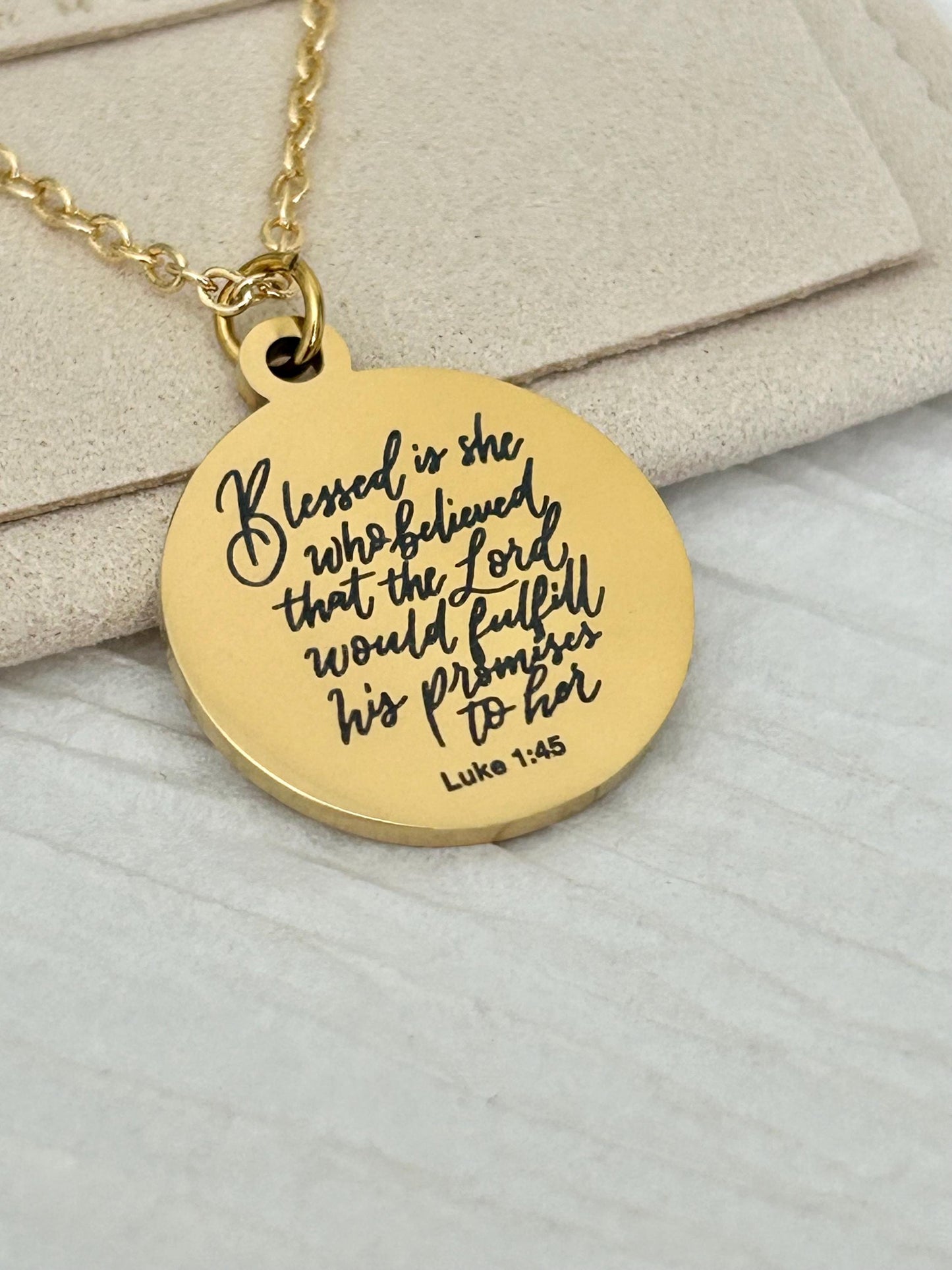 Luke 1:45 Necklace Blessed Is She Who Believed Bible Verse Necklace Christian Jewelry Mothers Day Necklace Faith Gift For Women