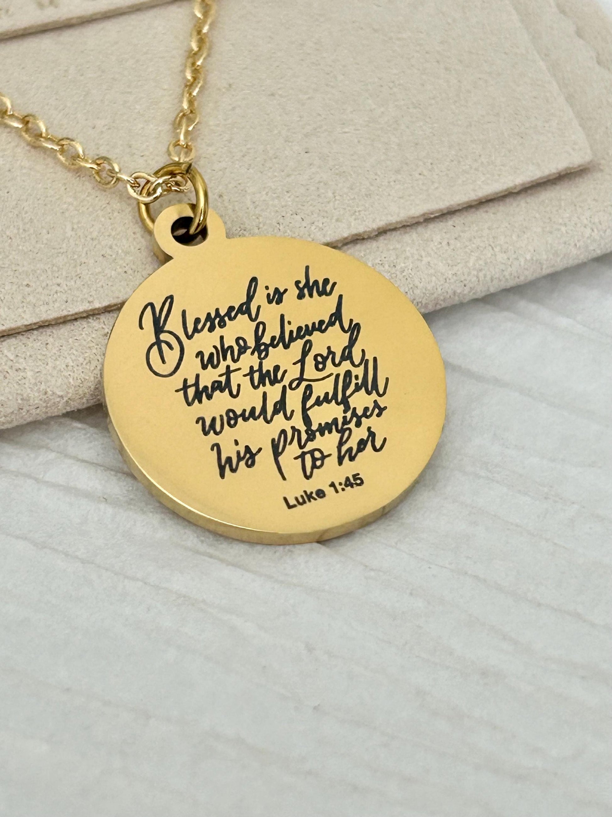 Luke 1:45 Necklace Blessed Is She Who Believed Bible Verse Necklace Christian Jewelry Mothers Day Necklace Faith Gift For Women