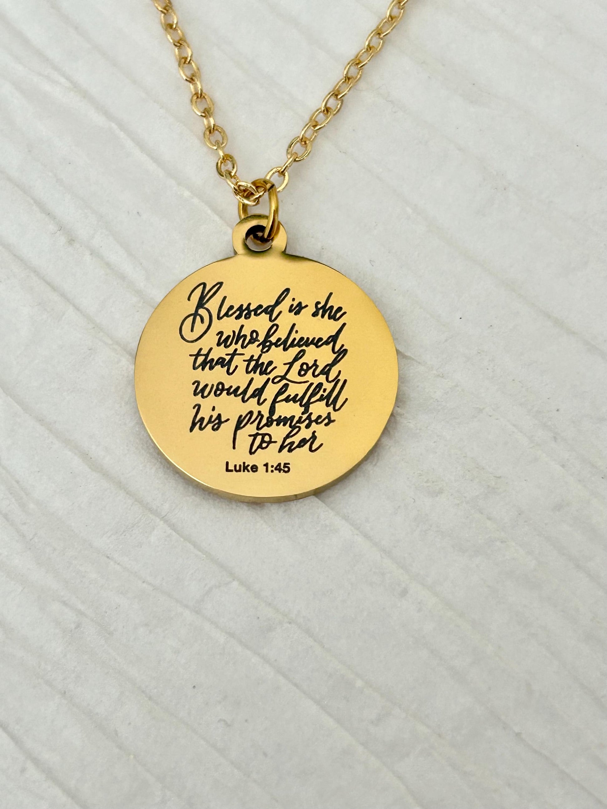 Luke 1:45 Necklace Blessed Is She Who Believed Bible Verse Necklace Christian Jewelry Mothers Day Necklace Faith Gift For Women