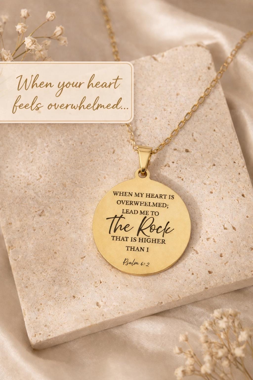 Psalm 61:2 Necklace, When My Heart Is Overwhelmed Necklace, Christian Gift for Her, Faith Jewelry, Inspirational Bible Verse Necklace