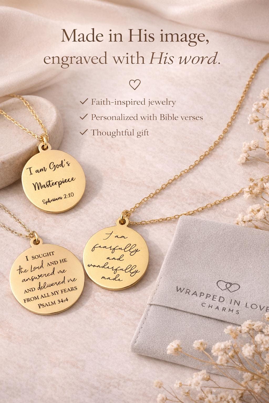 Personalized Bible Verse Necklace Custom Scripture Jewelry Christian Gift for Her Faith Necklace Encouragement Gift Baptism Gift Gold Charm