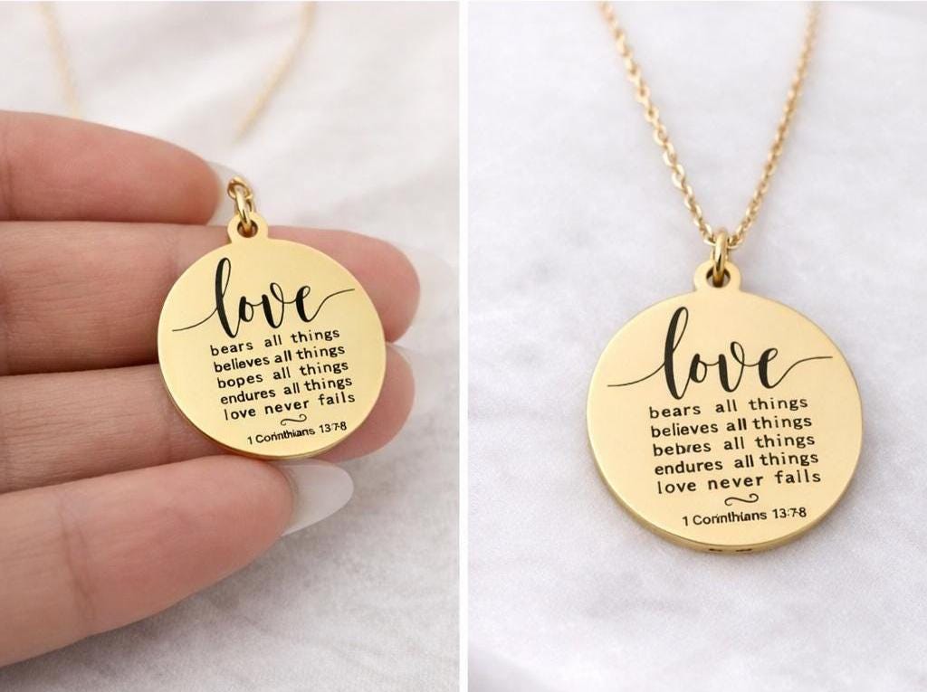 Wedding Gift Necklace, 1 Corinthians 13:7-8 Love Never Fails, Bridal Gift for Bride, Bridesmaid Gift, Christian Wedding Jewelry, Faith Gift
