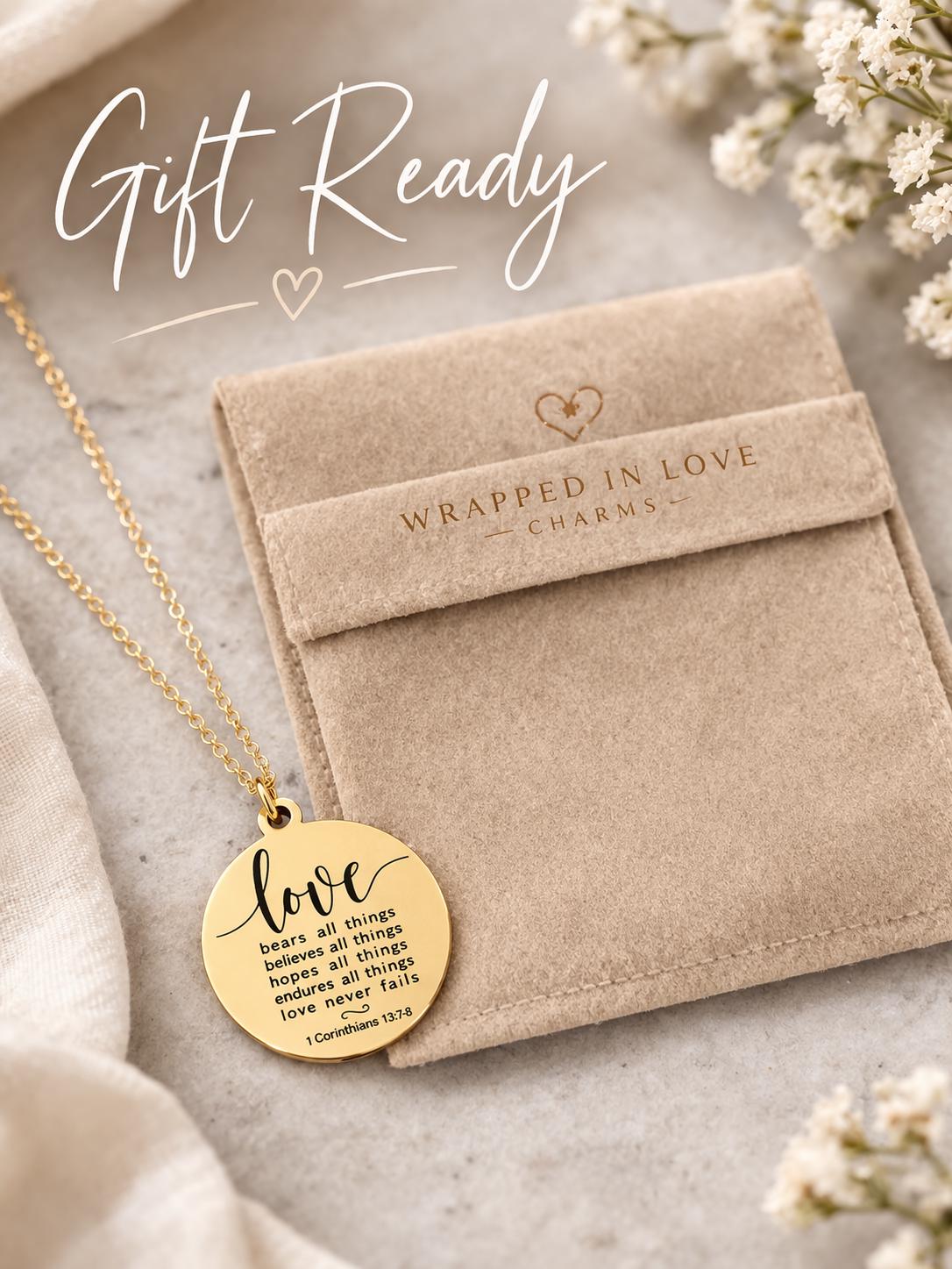 Wedding Gift Necklace, 1 Corinthians 13:7-8 Love Never Fails, Bridal Gift for Bride, Bridesmaid Gift, Christian Wedding Jewelry, Faith Gift