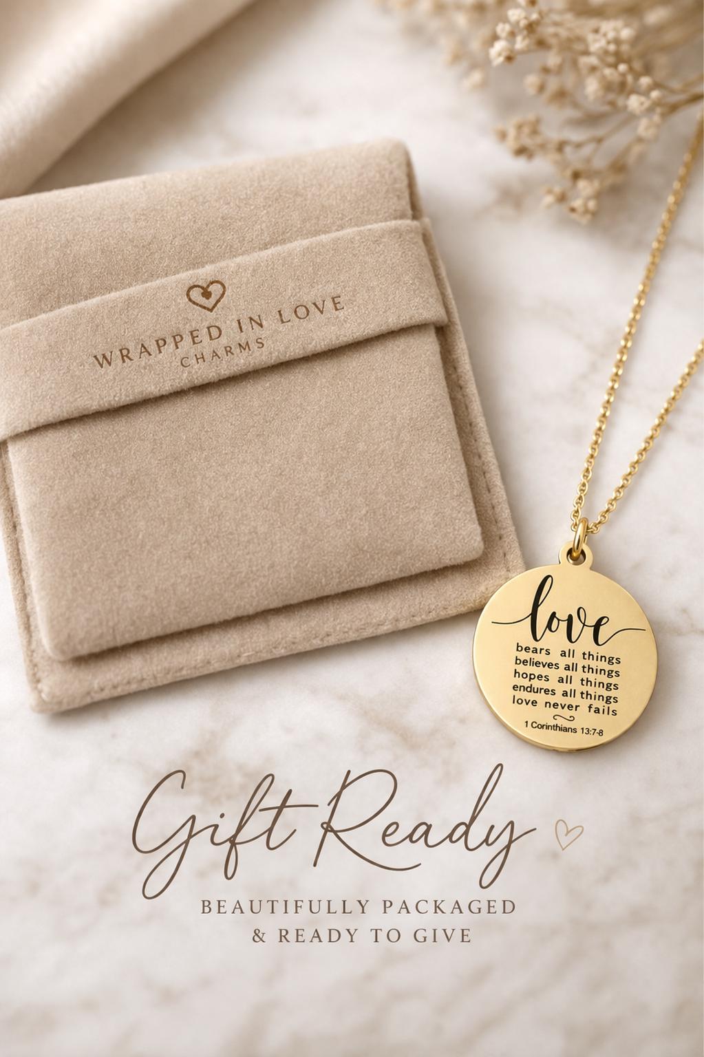 Wedding Gift Necklace, 1 Corinthians 13:7-8 Love Never Fails, Bridal Gift for Bride, Bridesmaid Gift, Christian Wedding Jewelry, Faith Gift