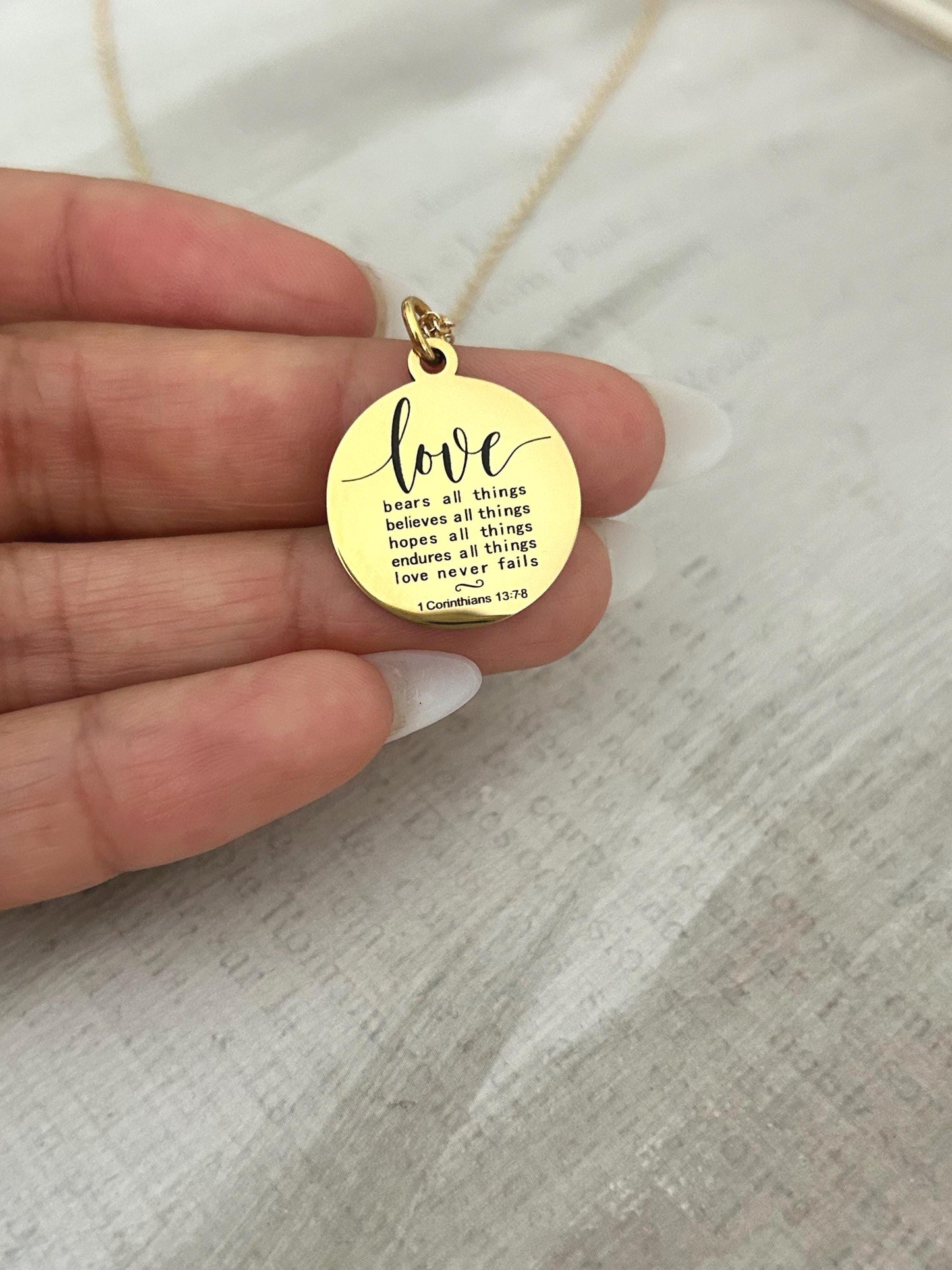 Wedding Gift Necklace, 1 Corinthians 13:7-8 Love Never Fails, Bridal Gift for Bride, Bridesmaid Gift, Christian Wedding Jewelry, Faith Gift