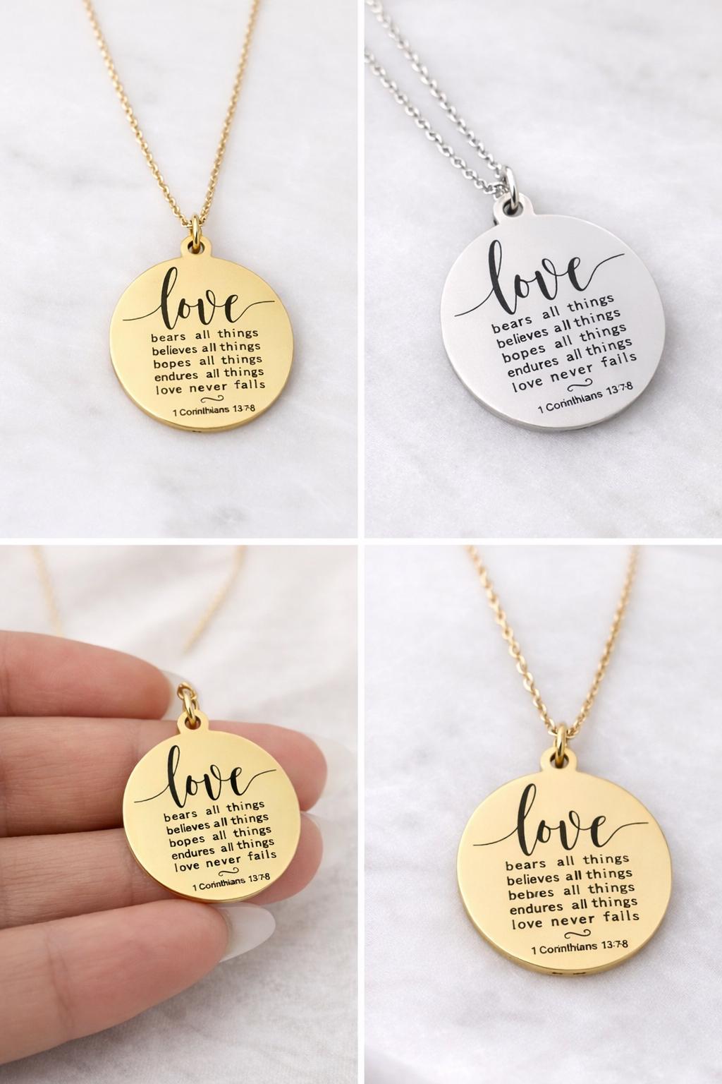 Wedding Gift Necklace, 1 Corinthians 13:7-8 Love Never Fails, Bridal Gift for Bride, Bridesmaid Gift, Christian Wedding Jewelry, Faith Gift